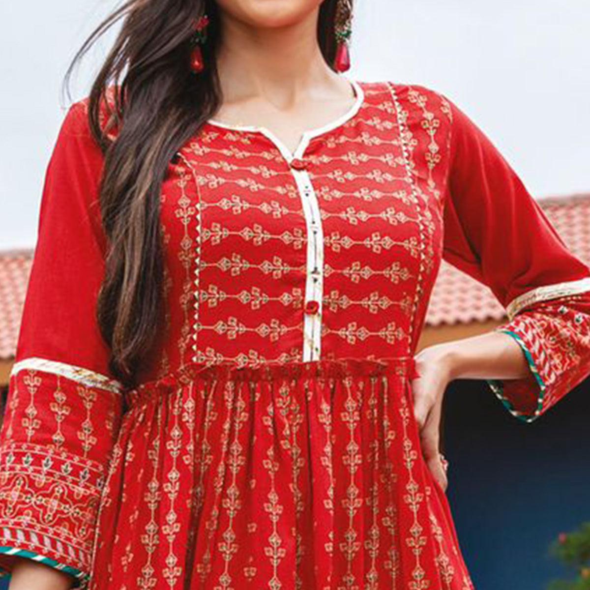 Red Casual Wear Floral Printed Heavy Silk Long Kurti - Peachmode