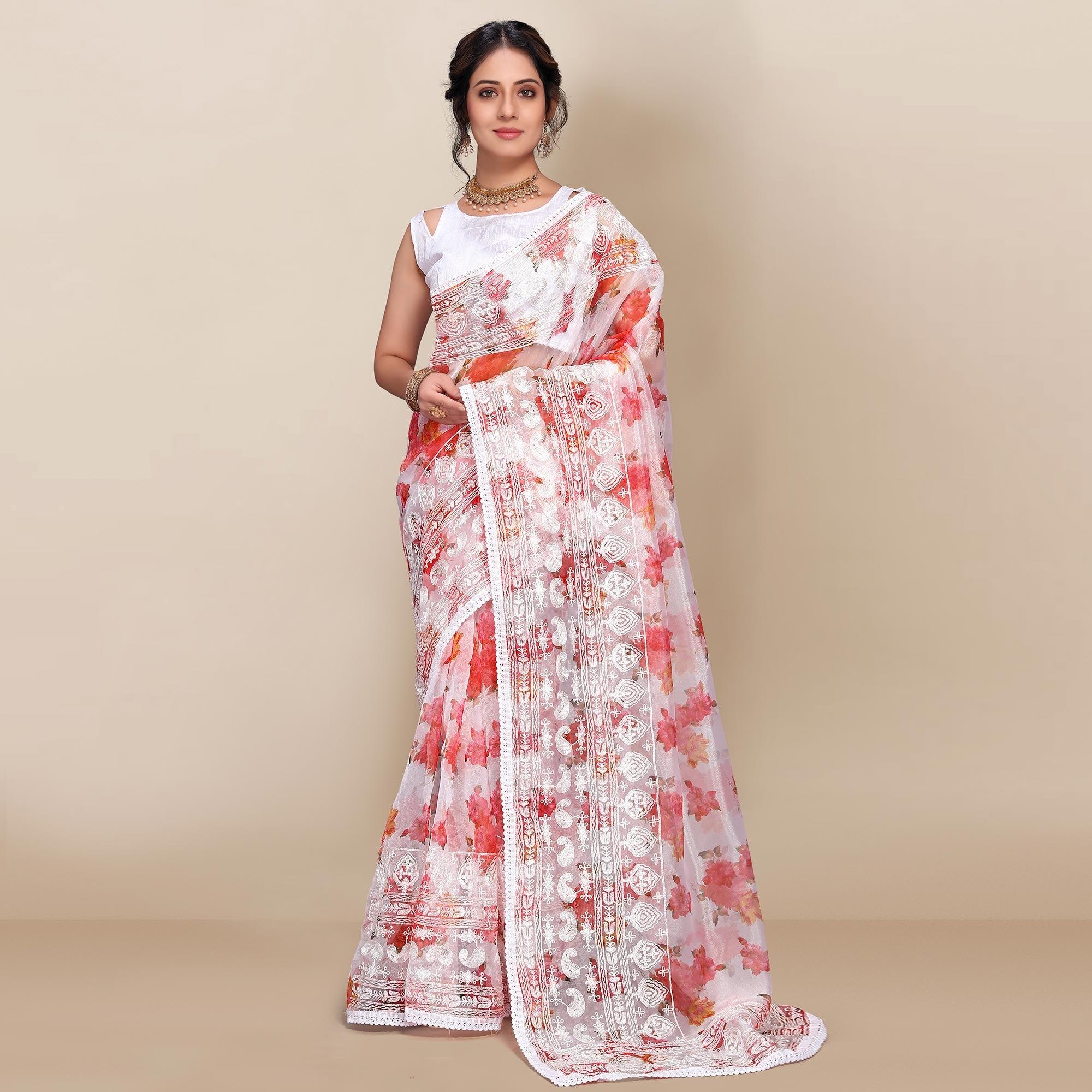 Red Casual Wear Floral Printed Organza Saree With Embroidered Border - Peachmode