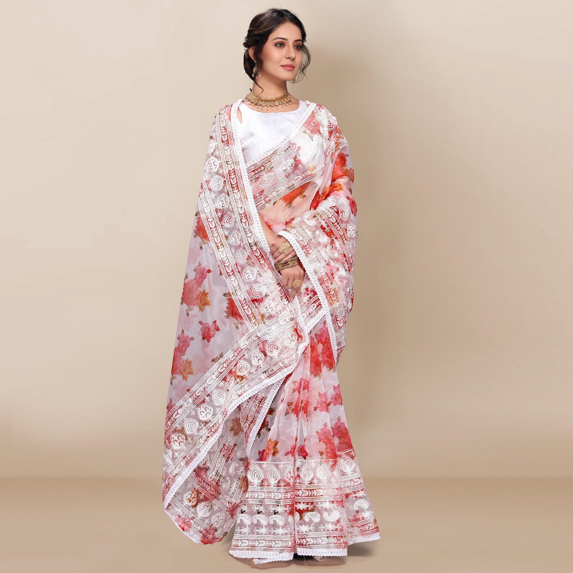 Red Casual Wear Floral Printed Organza Saree With Embroidered Border - Peachmode
