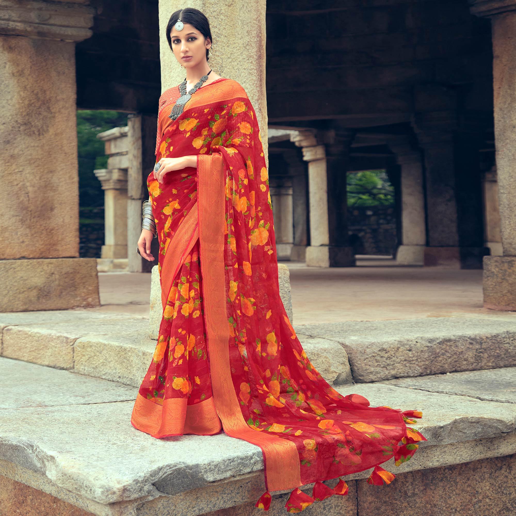 Red Casual Wear Floral Printed Organza Saree With Jacquard Border - Peachmode