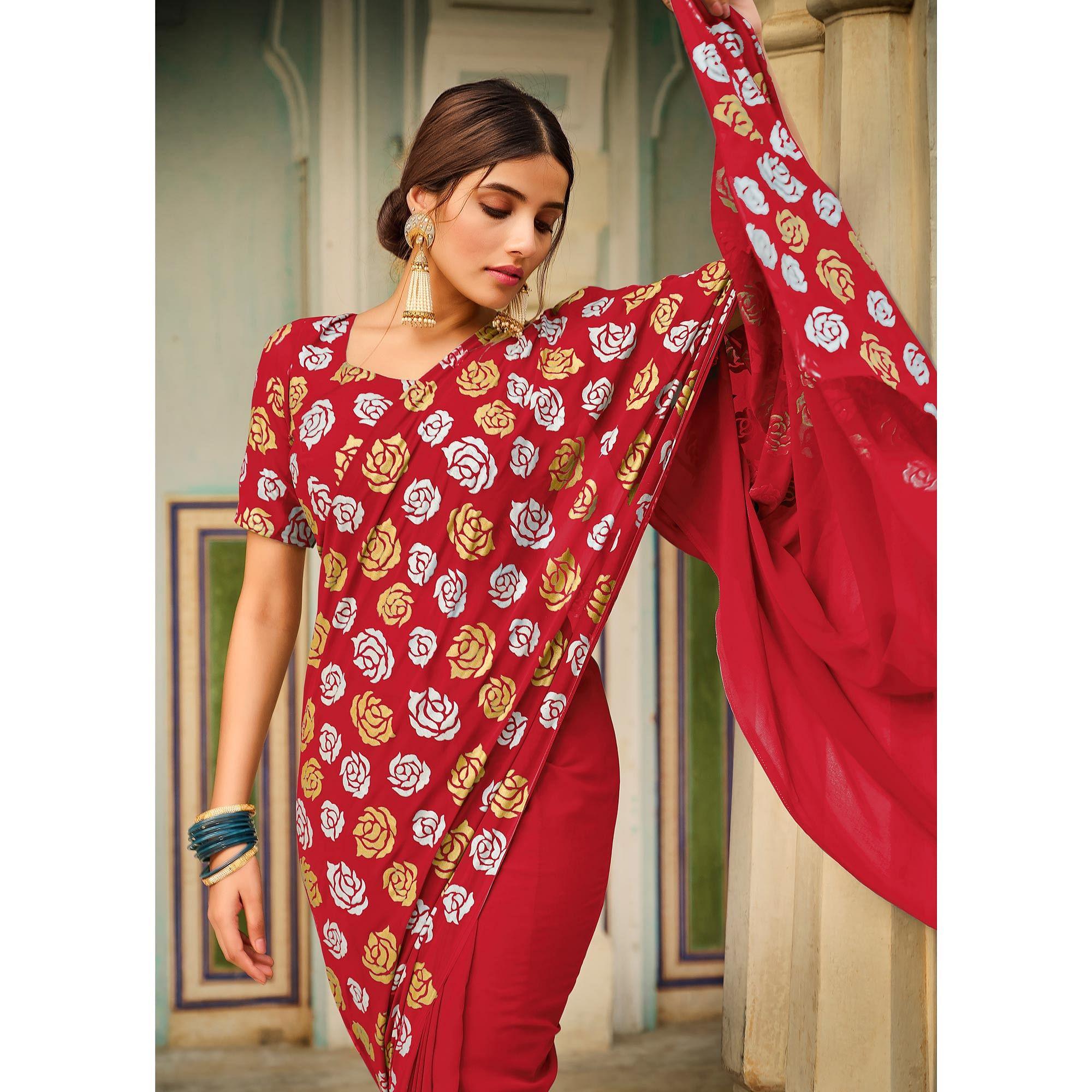 Red Casual Wear Floral Printed Soft Georgette Saree - Peachmode