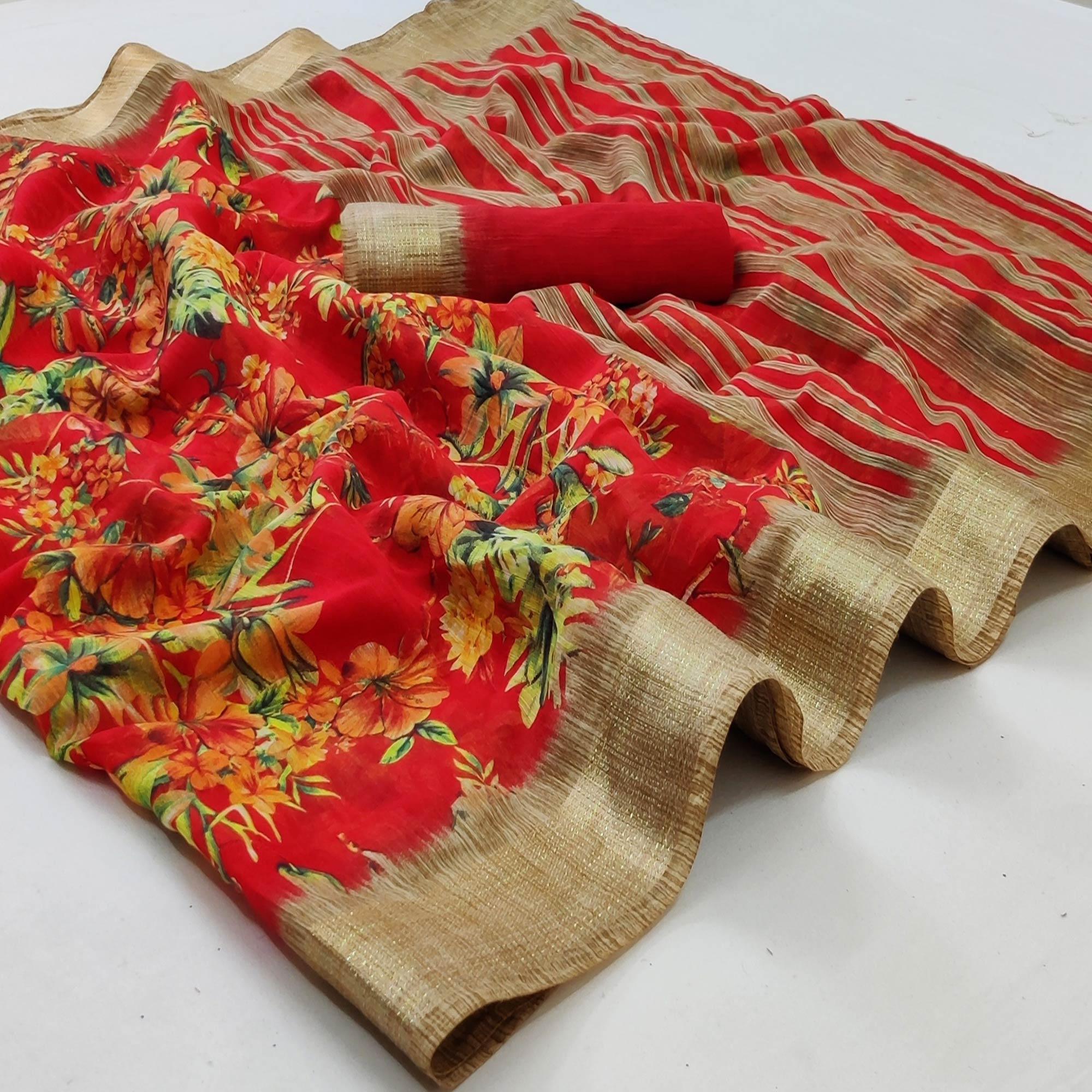Red Casual Wear Floral Printed With Jari Border Cotton Saree - Peachmode