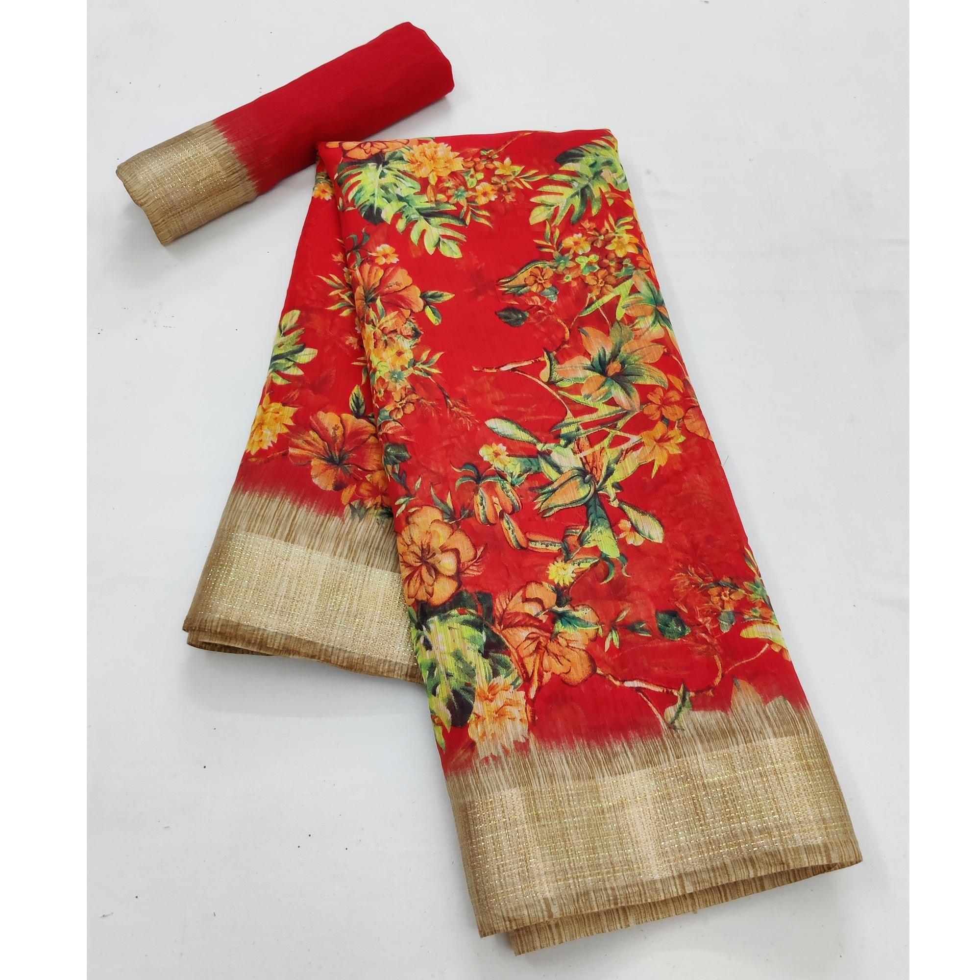 Red Casual Wear Floral Printed With Jari Border Cotton Saree - Peachmode