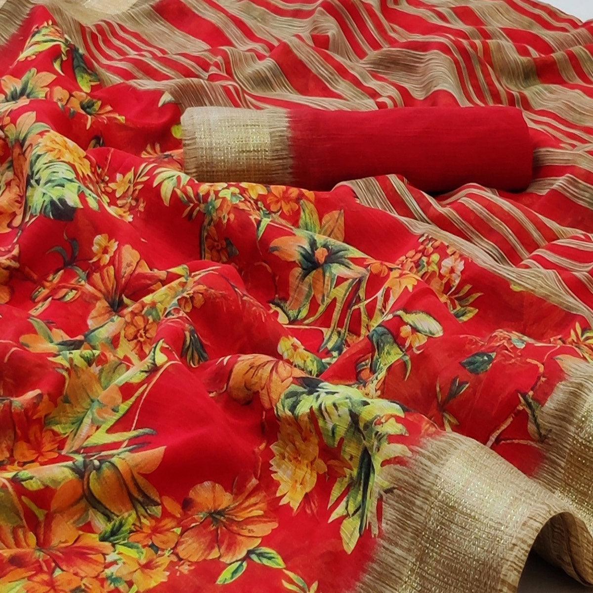 Red Casual Wear Floral Printed With Jari Border Cotton Saree - Peachmode