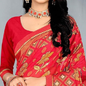 Red Casual Wear Floral Printed With Stone Work Brasso Designer Saree - Peachmode