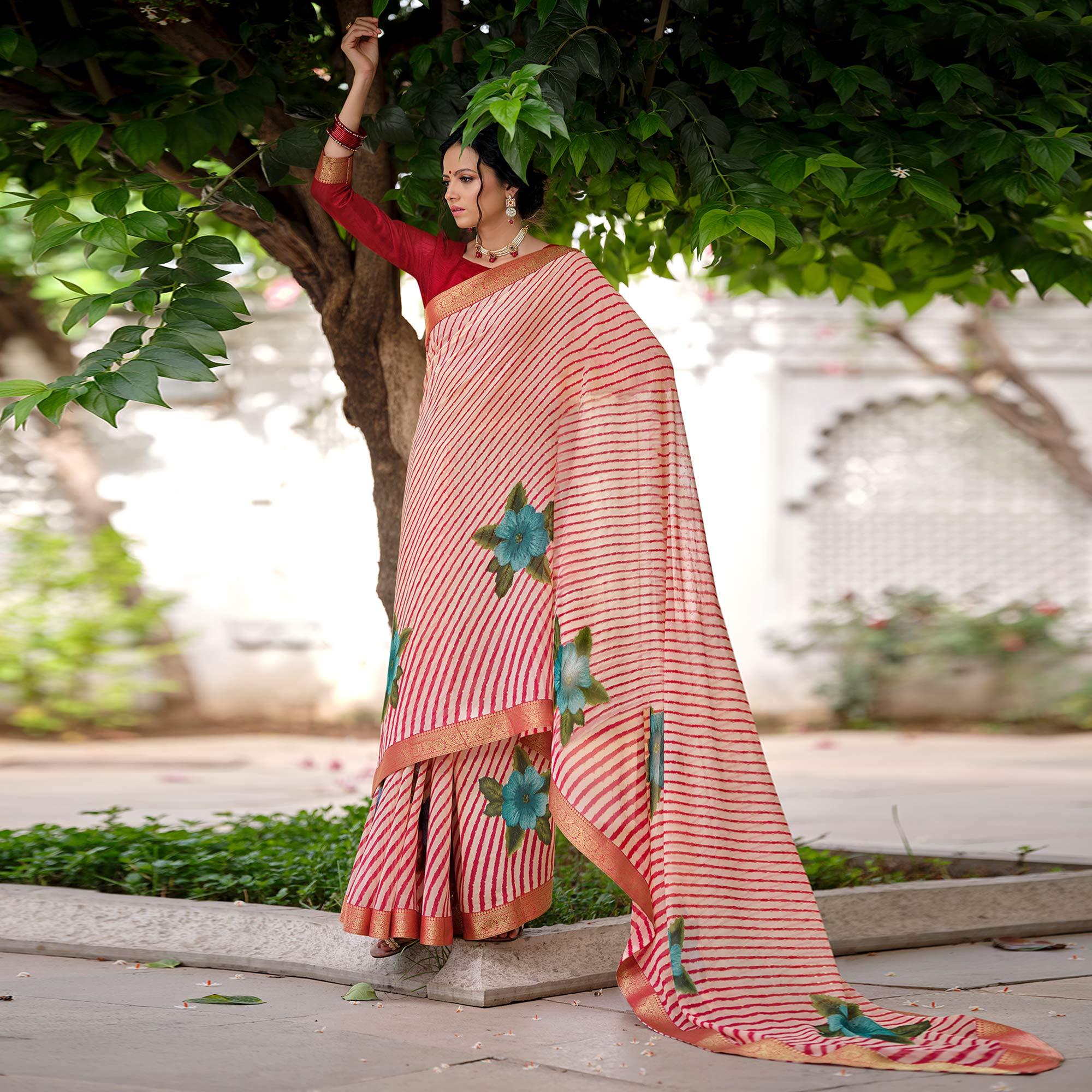 Red Casual Wear Floral With Striped Printed Georgette Saree - Peachmode