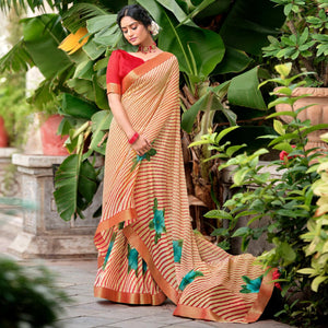 Red Casual Wear Floral With Striped Printed Georgette Saree - Peachmode