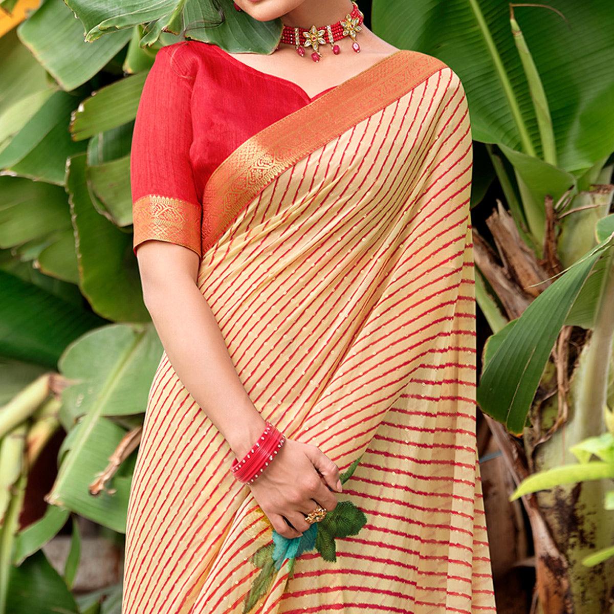 Red Casual Wear Floral With Striped Printed Georgette Saree - Peachmode