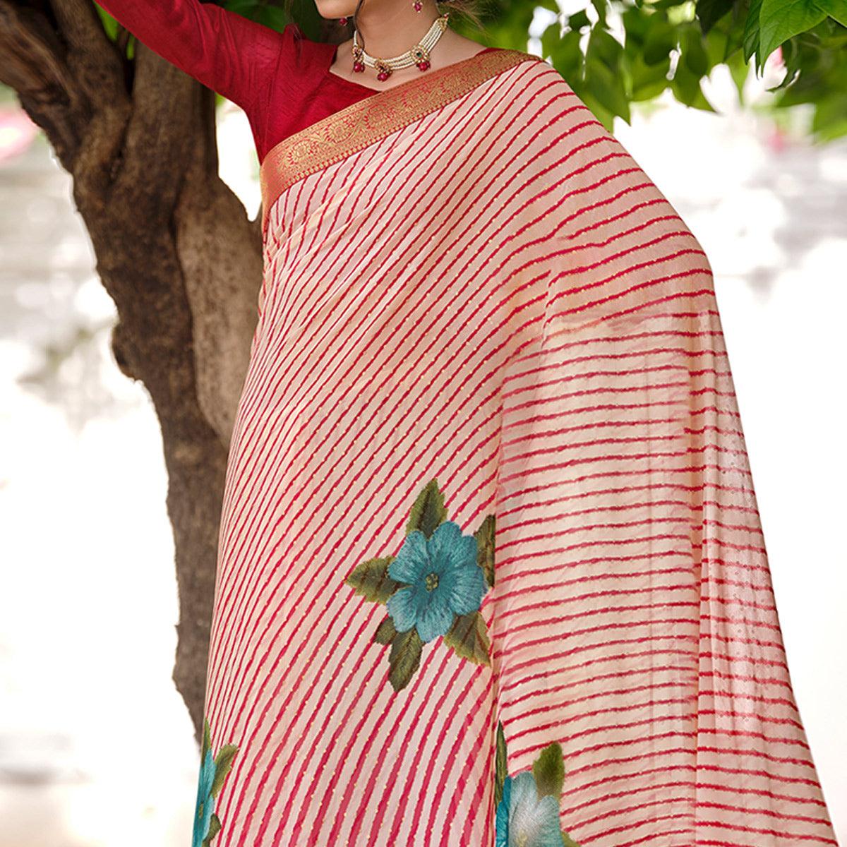 Red Casual Wear Floral With Striped Printed Georgette Saree - Peachmode