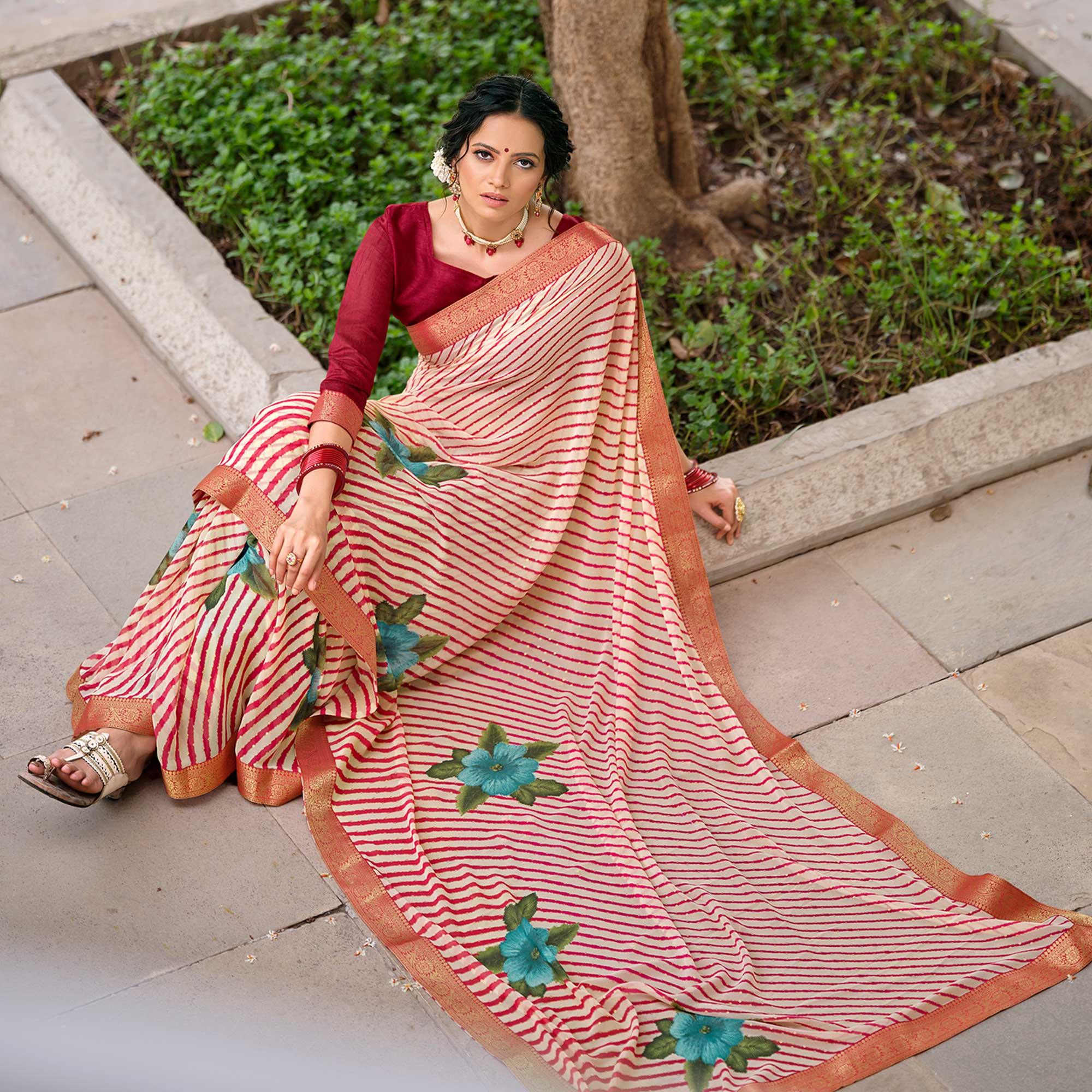 Red Casual Wear Floral With Striped Printed Georgette Saree - Peachmode