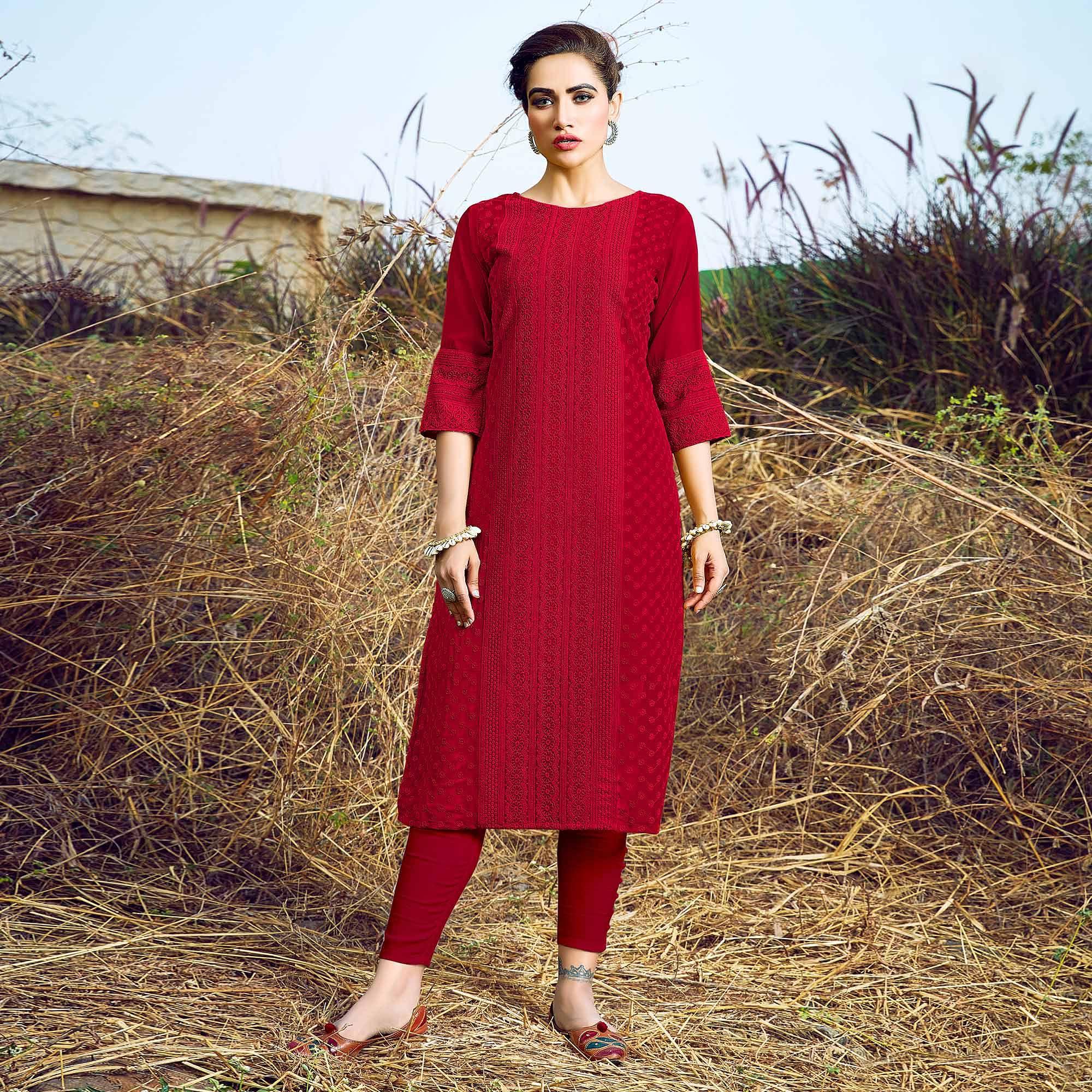 Red Casual Wear Lucknowi Embroidered Georgette Kurti - Peachmode