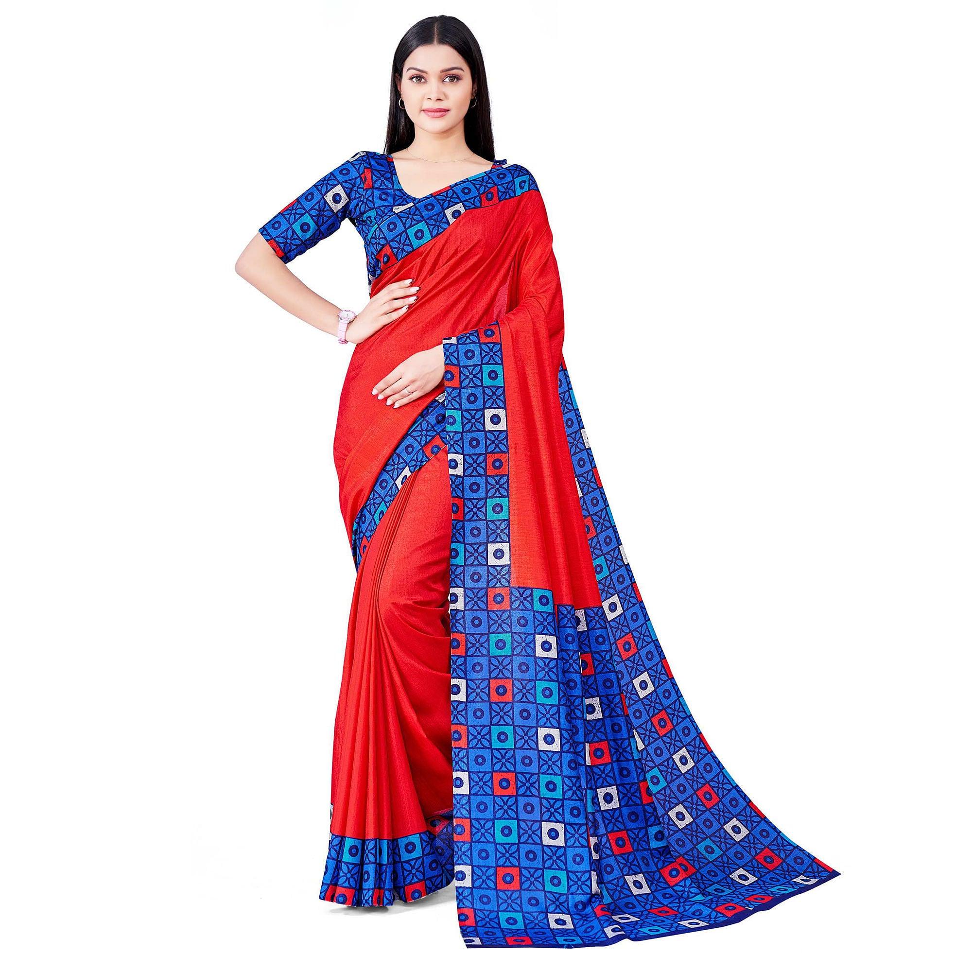 Red Casual Wear Printed Art Silk Saree - Peachmode