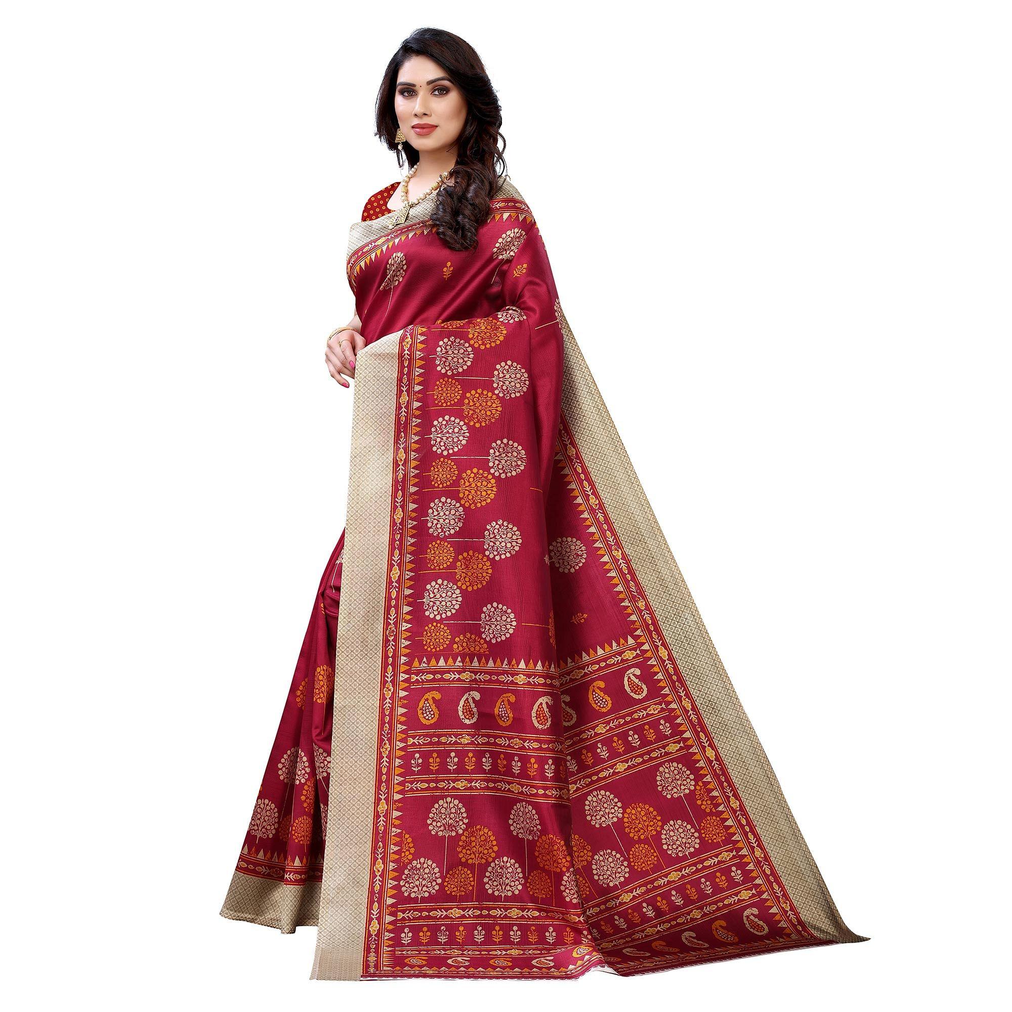 Red Casual Wear Printed Art Silk Saree - Peachmode