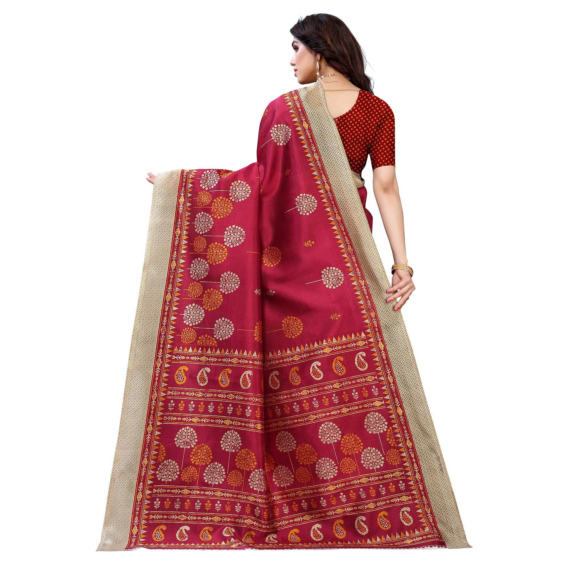 Red Casual Wear Printed Art Silk Saree - Peachmode