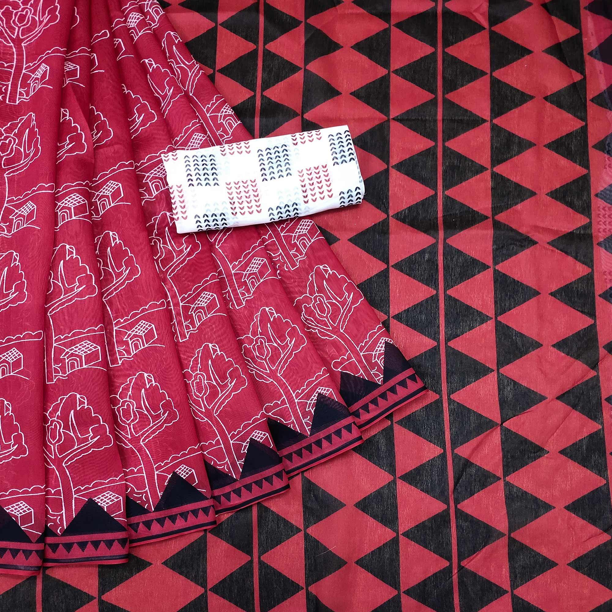 Red Casual Wear Printed Chanderi Saree - Peachmode