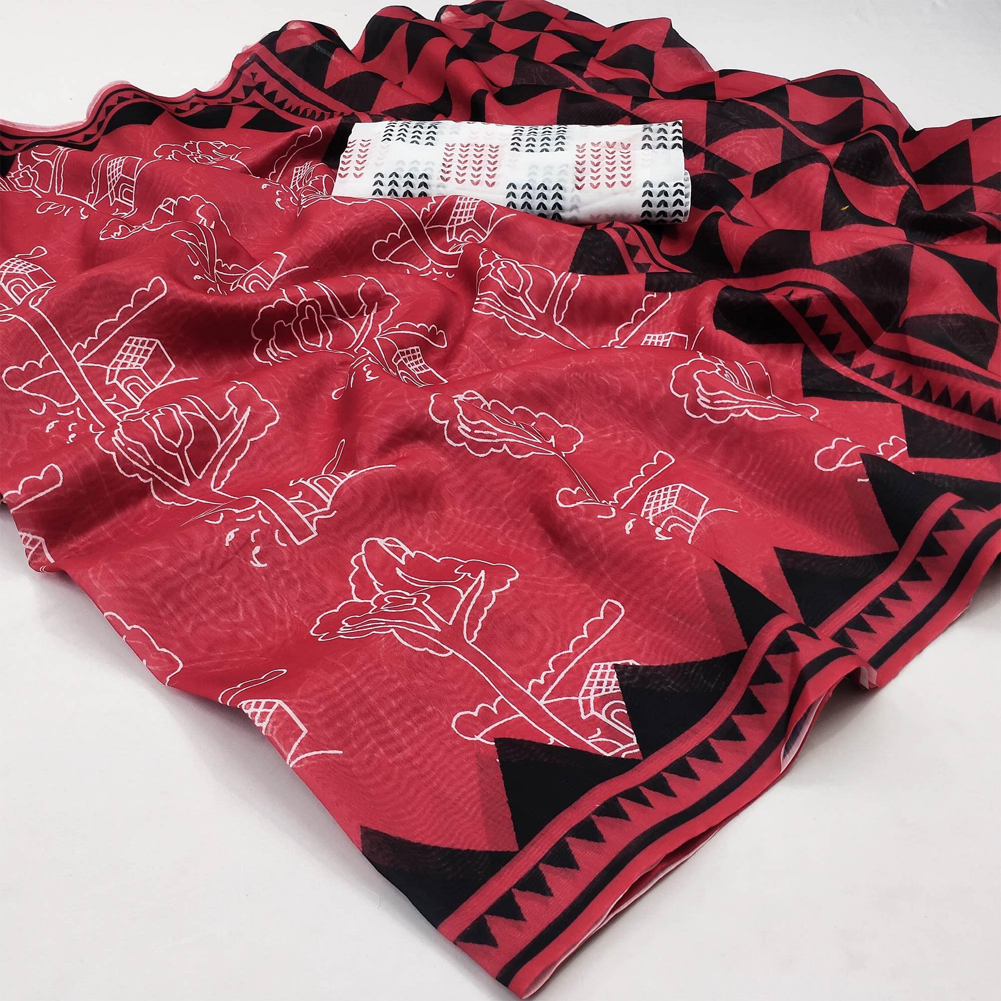 Red Casual Wear Printed Chanderi Saree - Peachmode