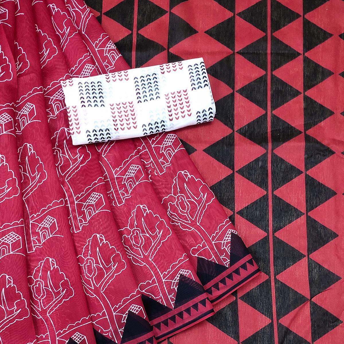 Red Casual Wear Printed Chanderi Saree - Peachmode