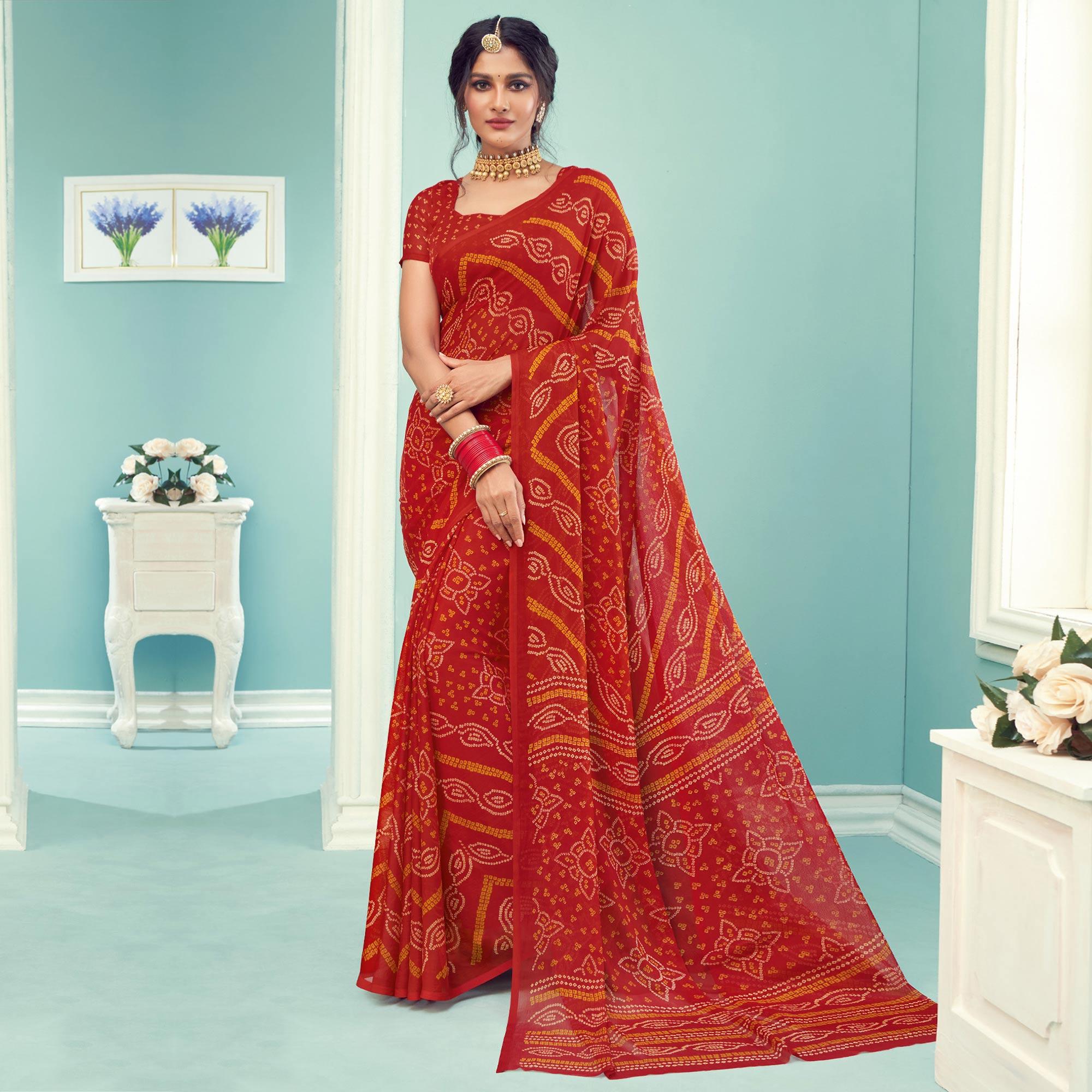 Red Casual Wear Printed Chiffon Bandhani Saree - Peachmode