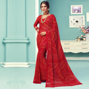 Red Casual Wear Printed Chiffon Bandhani Saree - Peachmode