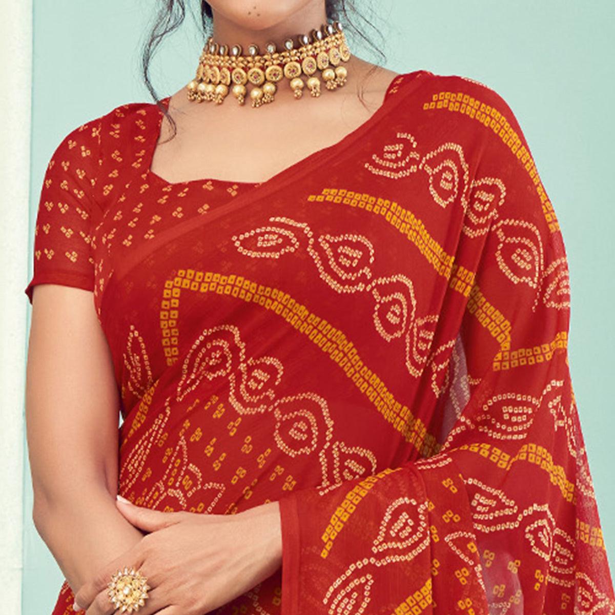 Red Casual Wear Printed Chiffon Bandhani Saree - Peachmode