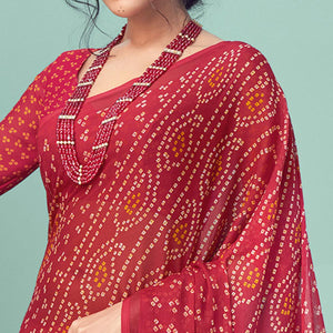 Red Casual Wear Printed Chiffon Bandhani Saree - Peachmode