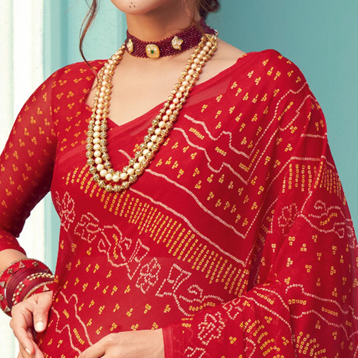 Red Casual Wear Printed Chiffon Bandhani Saree - Peachmode