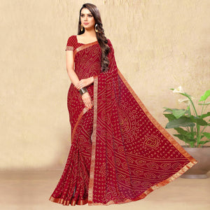 Red Casual Wear Printed Chiffon Saree - Peachmode
