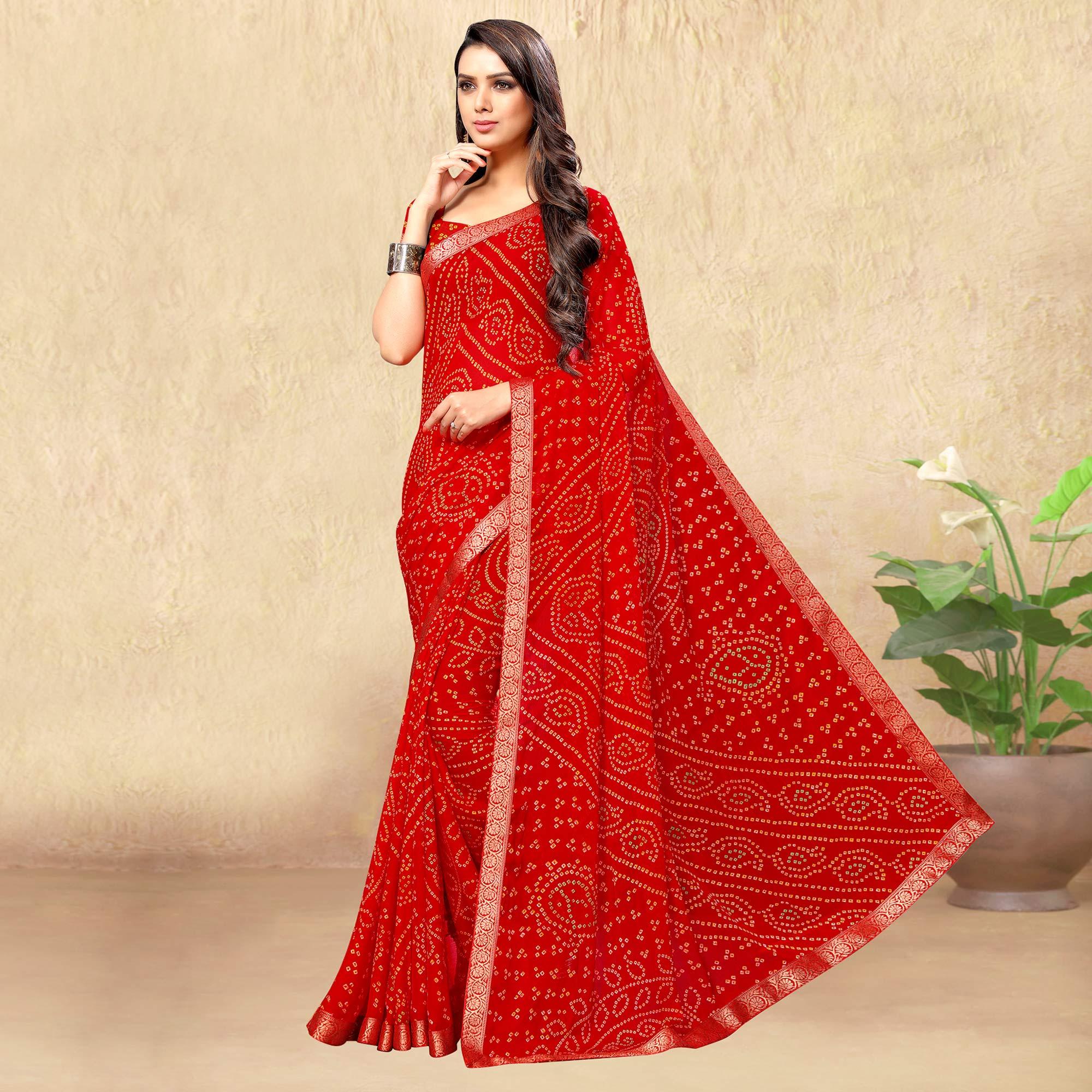 Red Casual Wear Printed Chiffon Saree - Peachmode
