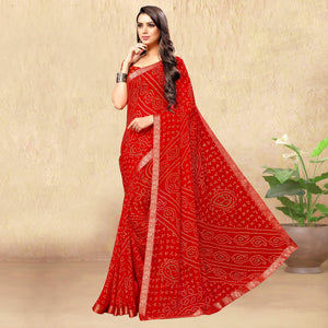 Red Casual Wear Printed Chiffon Saree - Peachmode