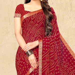 Red Casual Wear Printed Chiffon Saree - Peachmode