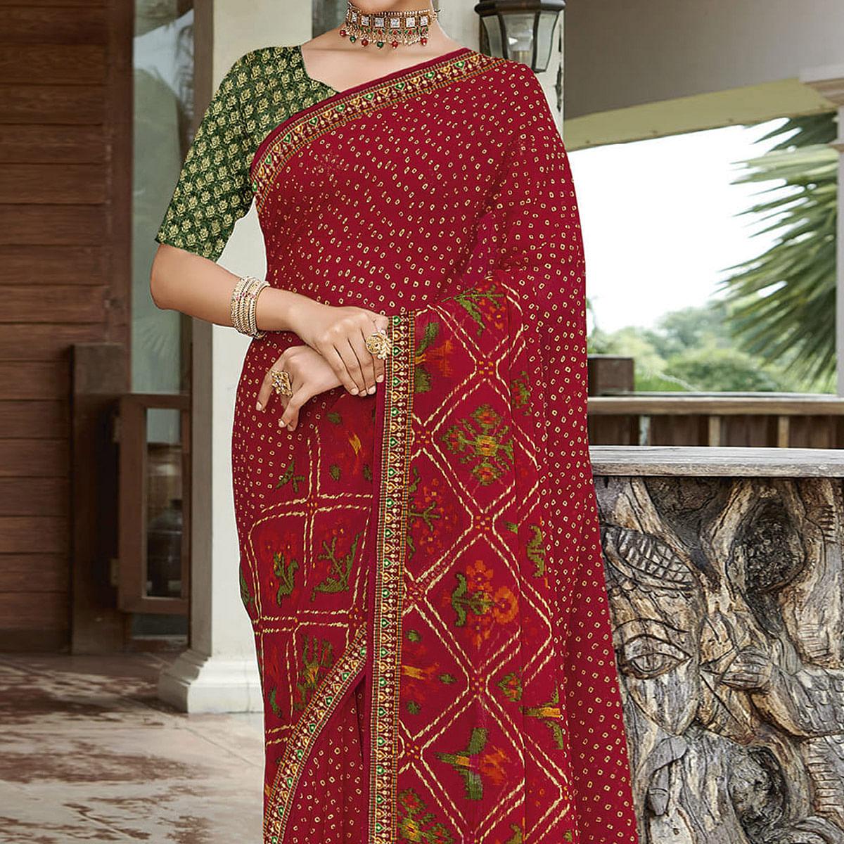 Red Casual Wear Printed Chiffon Saree - Peachmode
