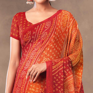 Red Casual Wear Printed Chiffon Saree - Peachmode