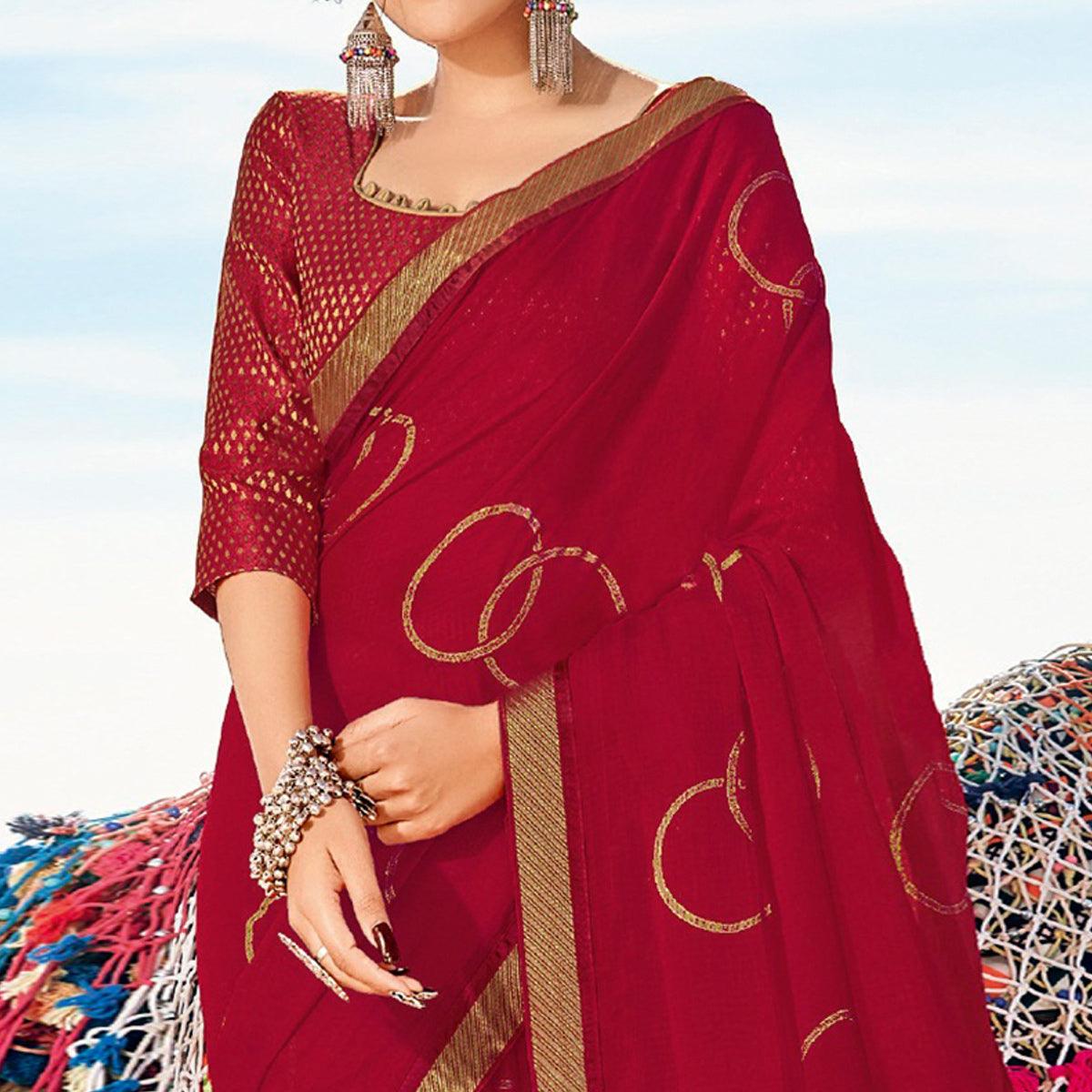 Red Casual Wear Printed Chiffon Saree - Peachmode