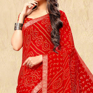 Red Casual Wear Printed Chiffon Saree - Peachmode