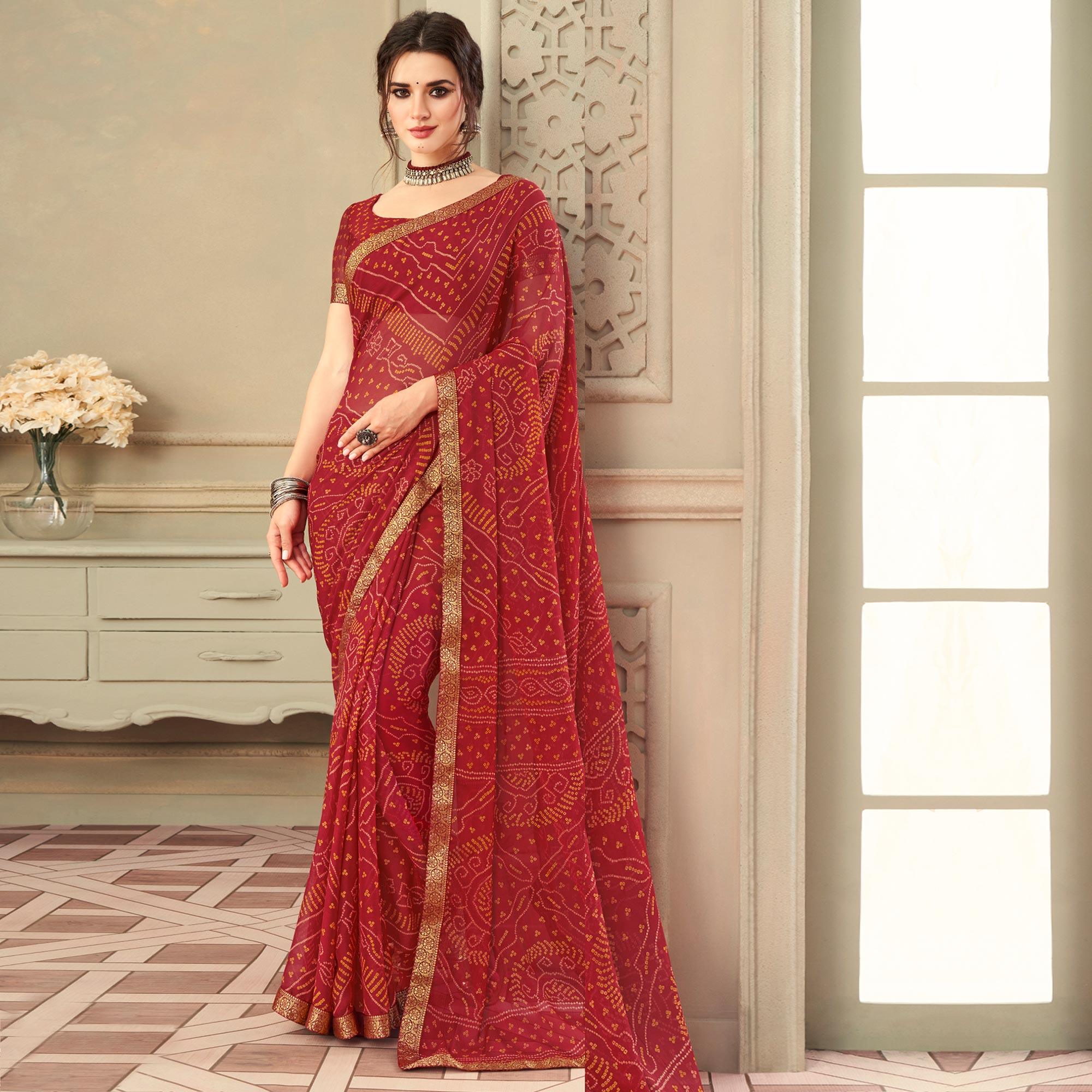 Red Casual Wear Printed Chiffon Saree with Banarasi Border - Peachmode