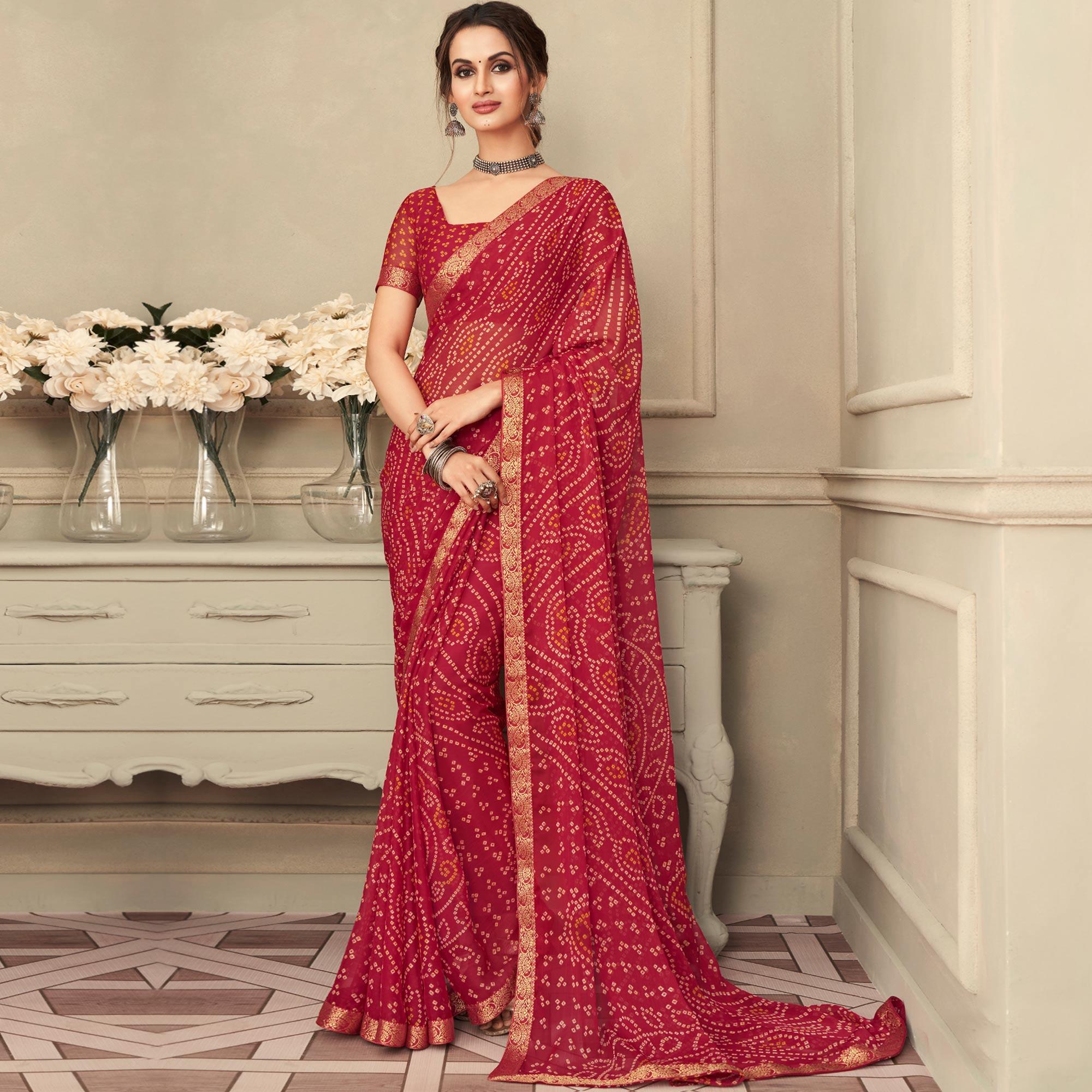 Red Casual Wear Printed Chiffon Saree with Banarasi Border - Peachmode