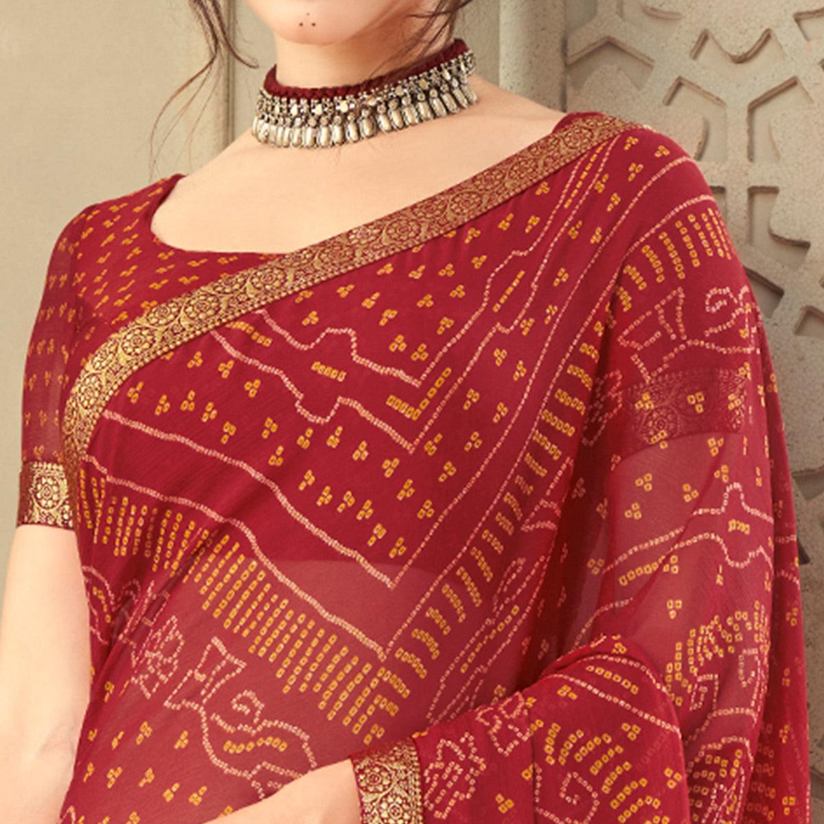 Red Casual Wear Printed Chiffon Saree with Banarasi Border - Peachmode