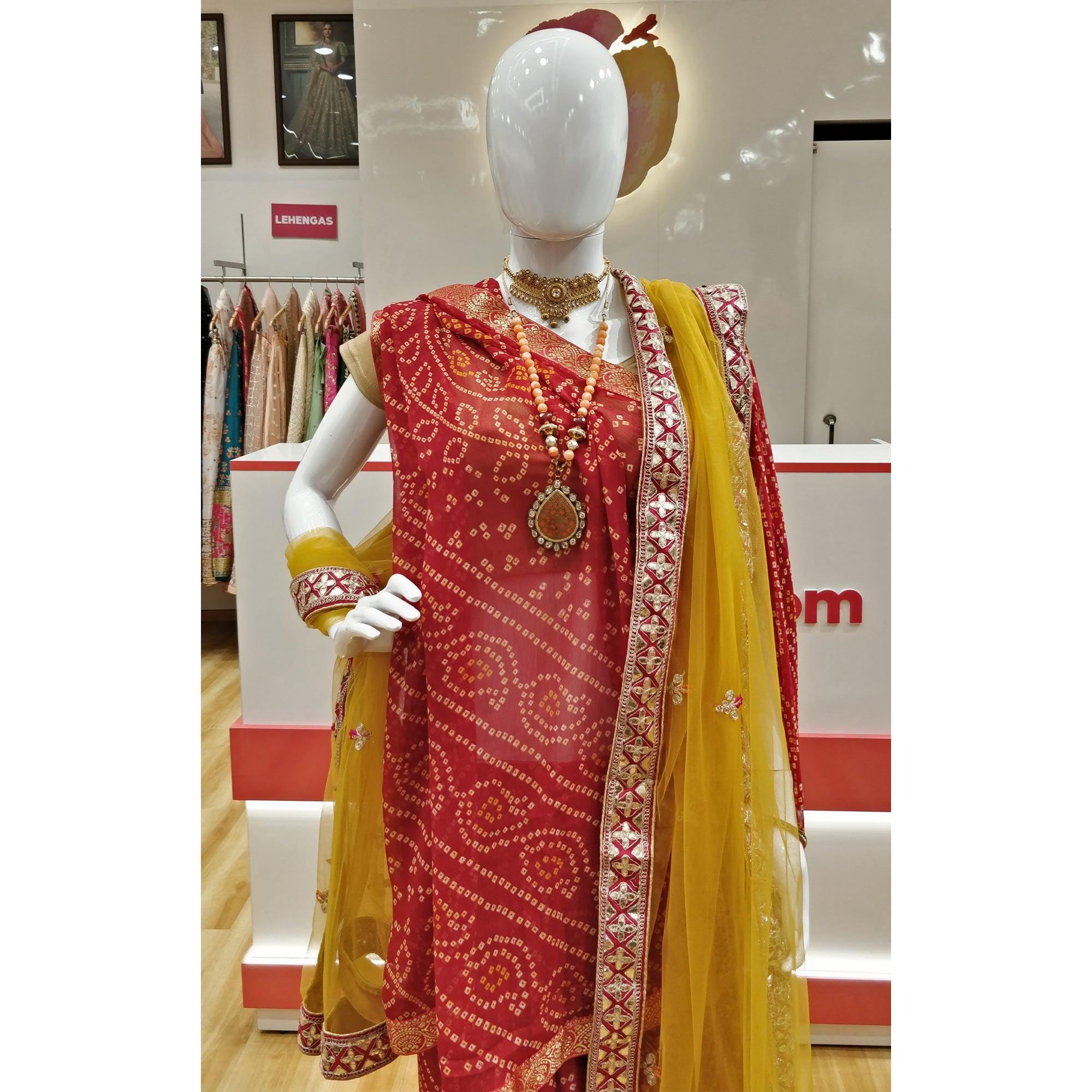 Red Casual Wear Printed Chiffon Saree with Banarasi Border - Peachmode