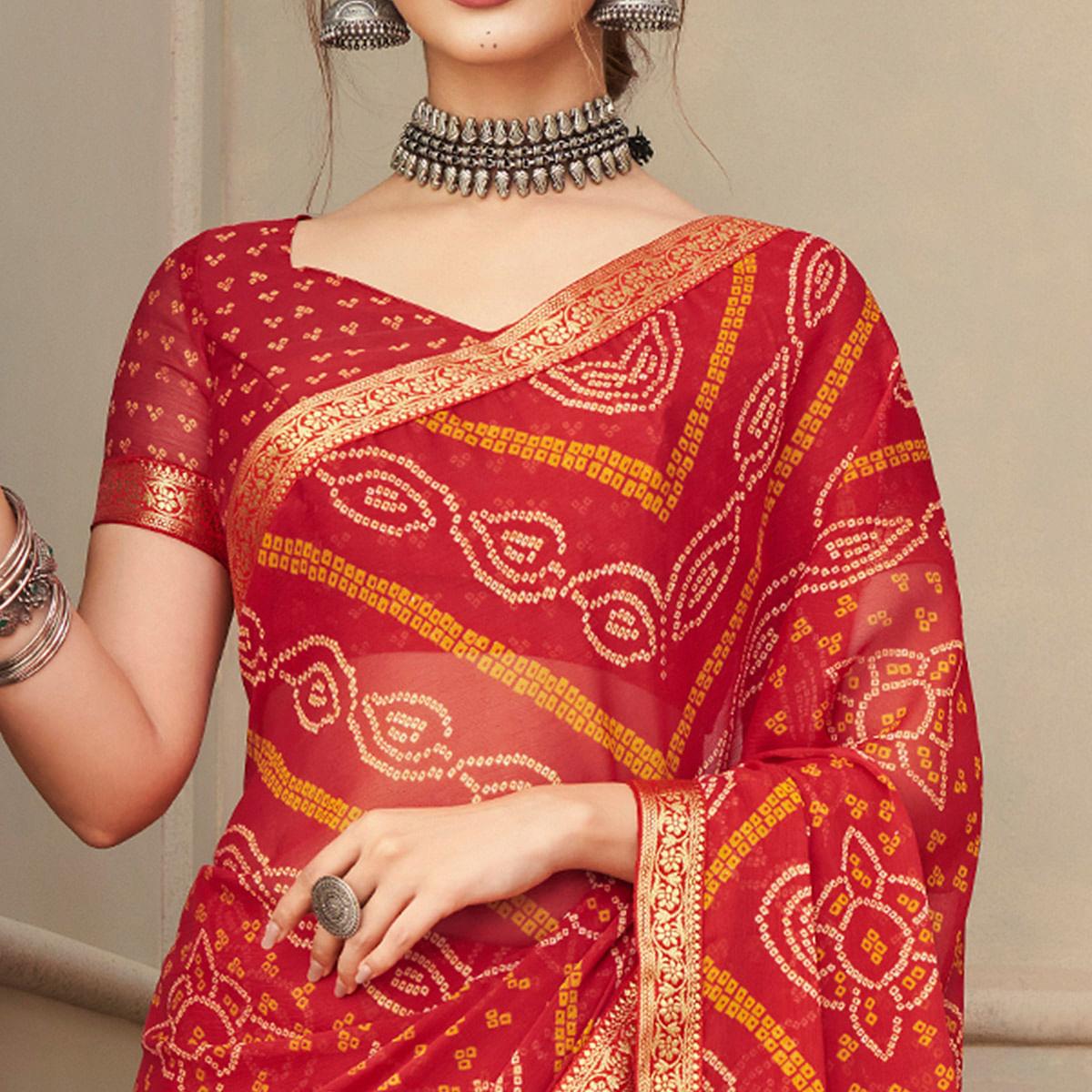 Red Casual Wear Printed Chiffon Saree with Banarasi Border - Peachmode