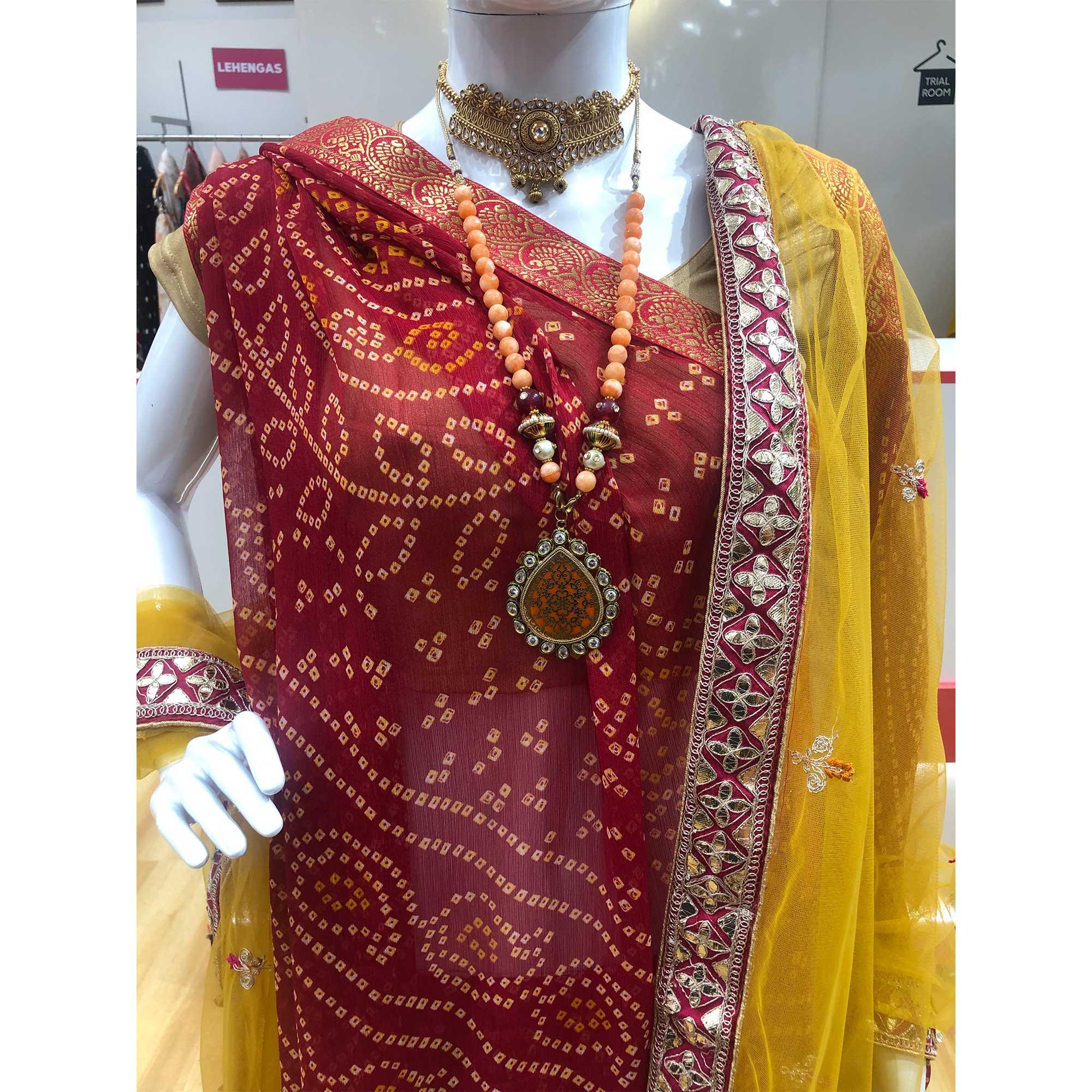 Red Casual Wear Printed Chiffon Saree with Banarasi Border - Peachmode