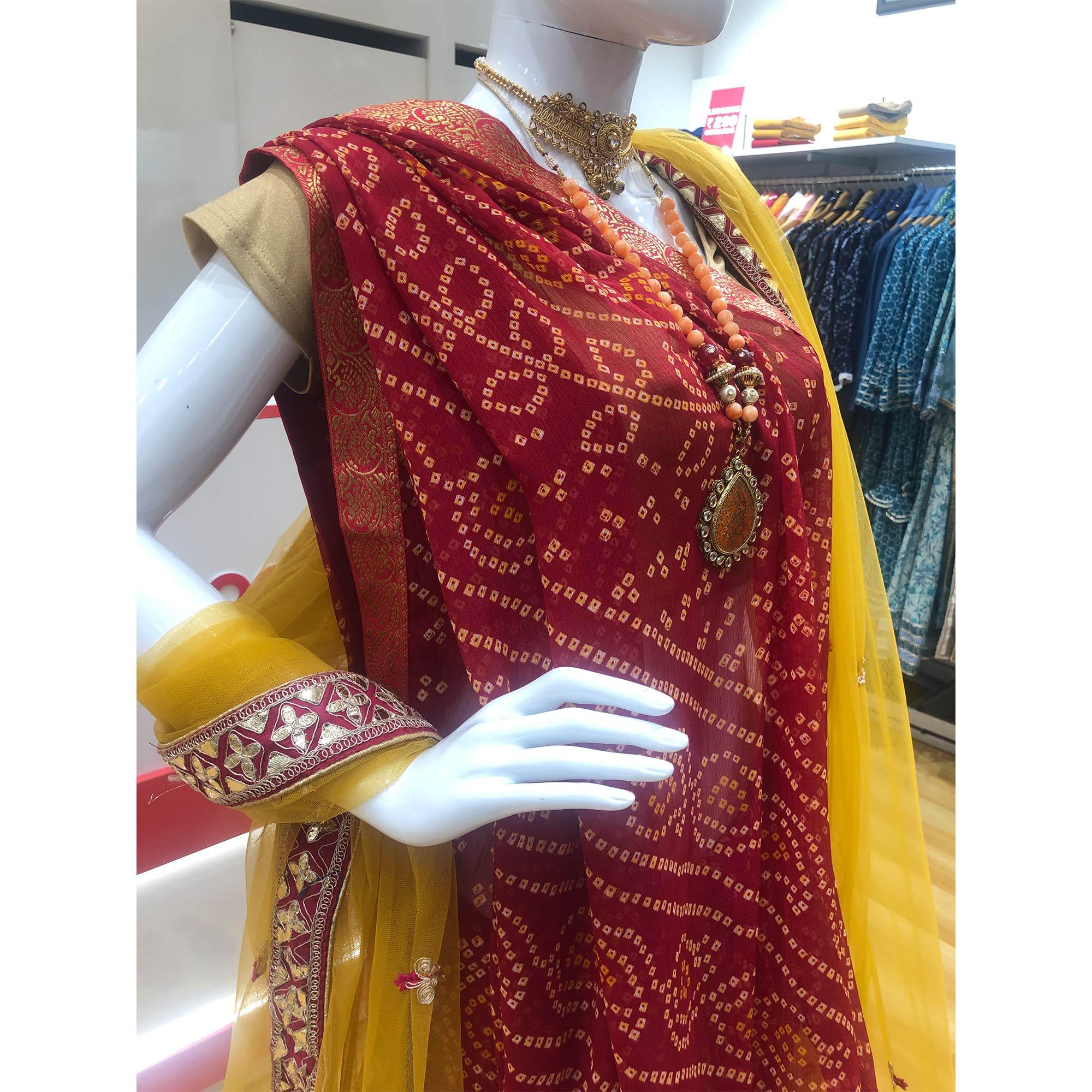 Red Casual Wear Printed Chiffon Saree with Banarasi Border - Peachmode