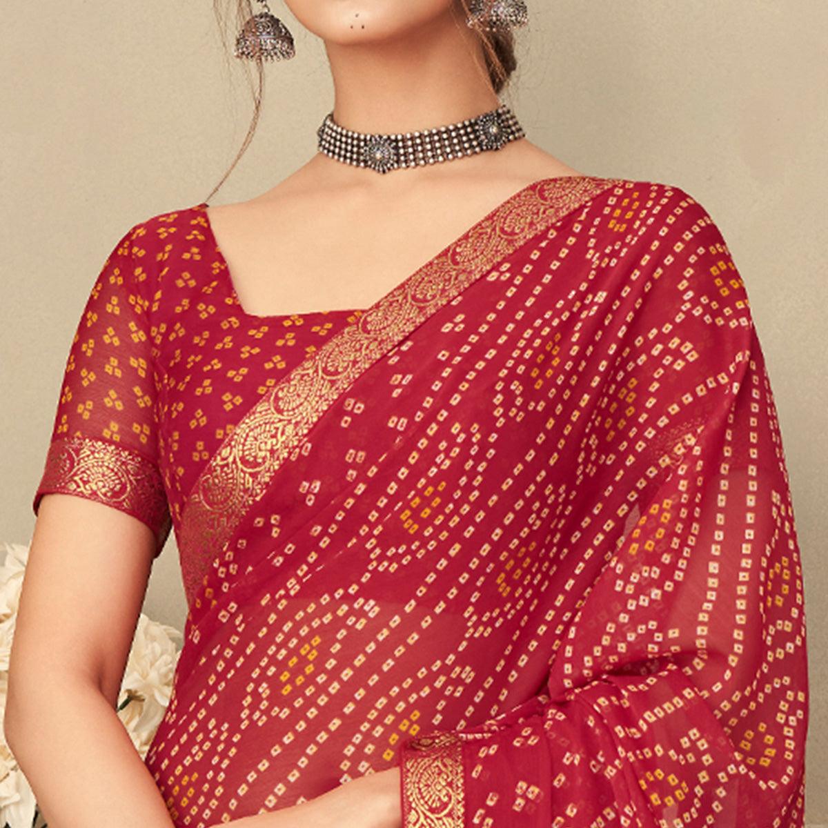 Red Casual Wear Printed Chiffon Saree with Banarasi Border - Peachmode