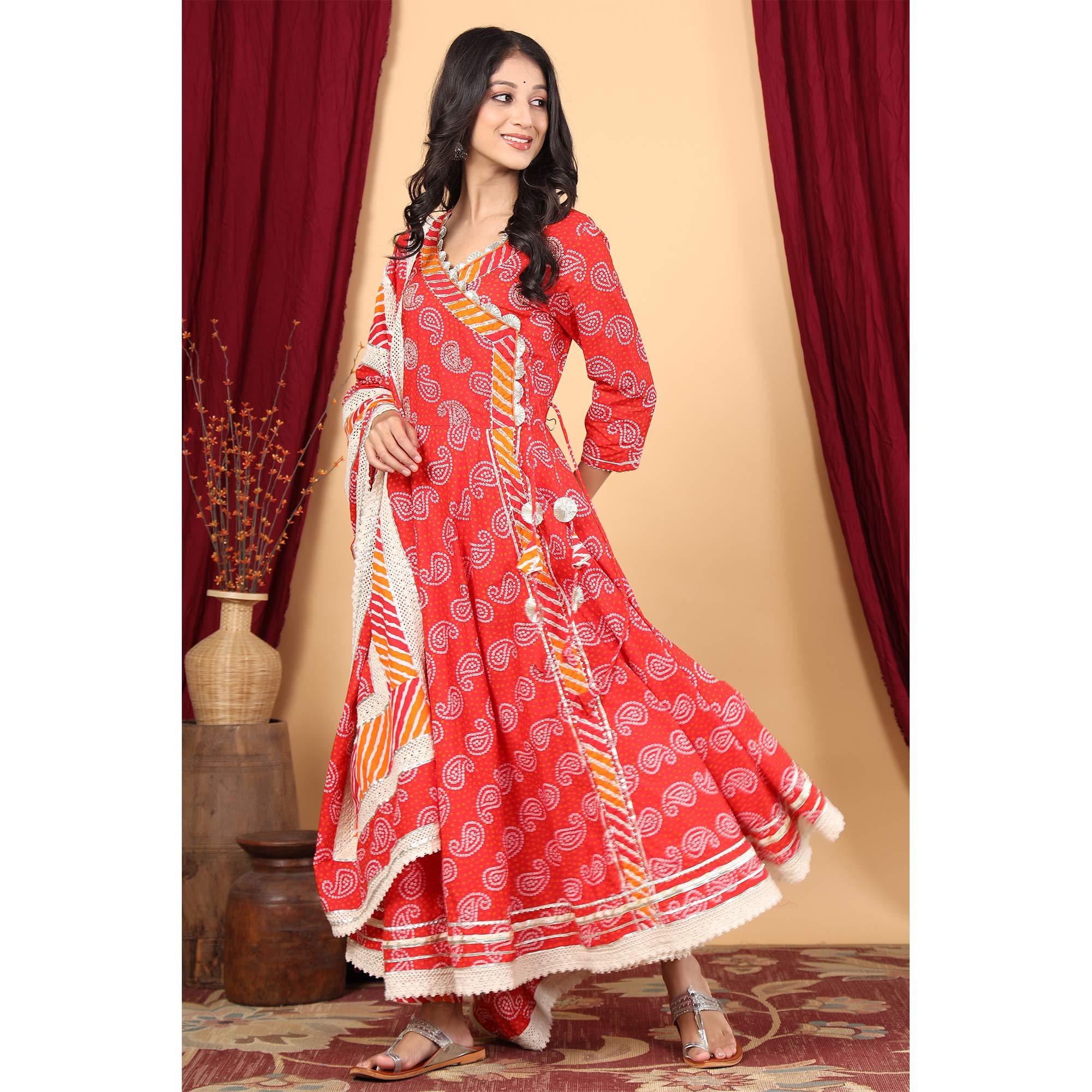 Red Casual Wear Printed Cotton Angarkha Style Anarkali Suit - Peachmode