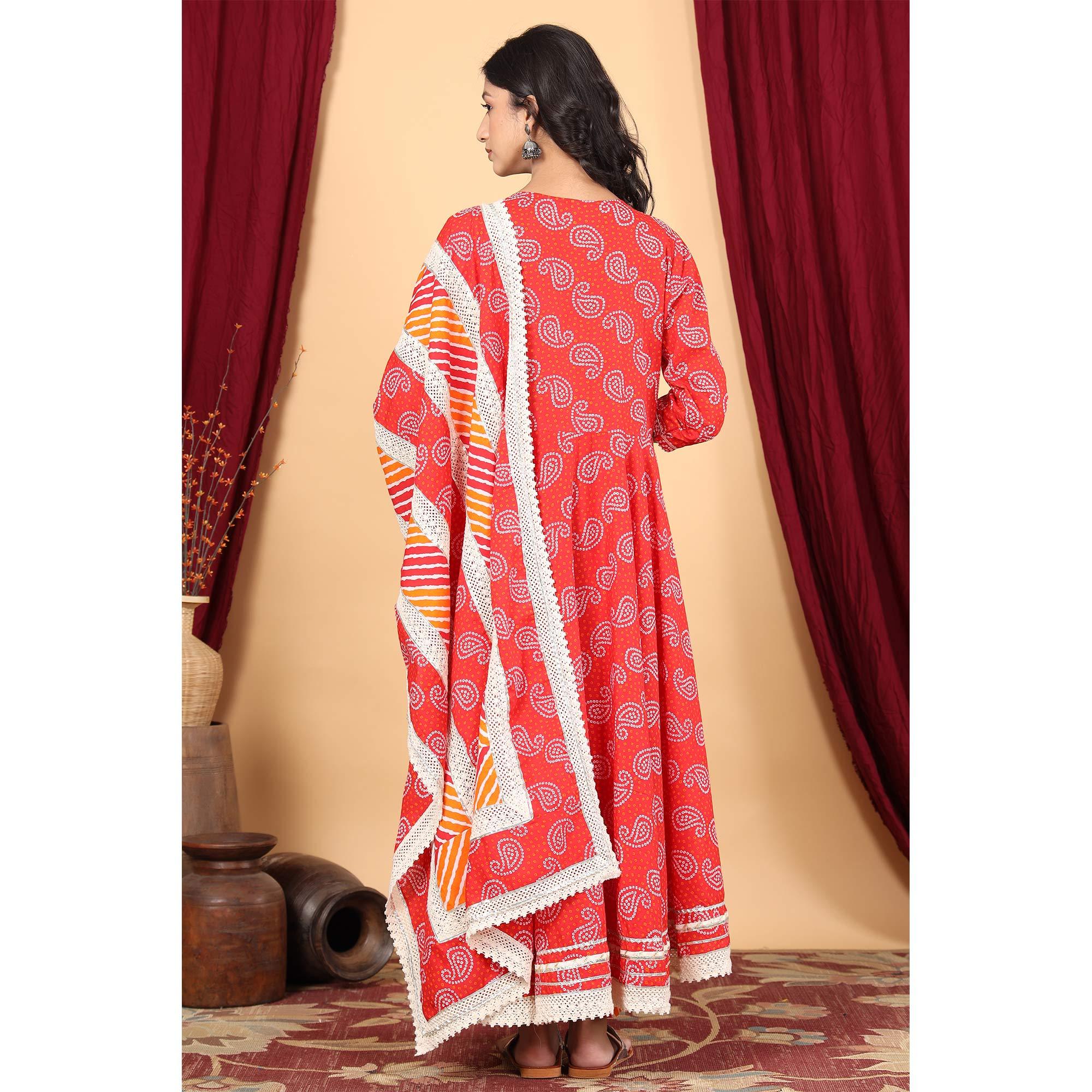 Red Casual Wear Printed Cotton Angarkha Style Anarkali Suit - Peachmode
