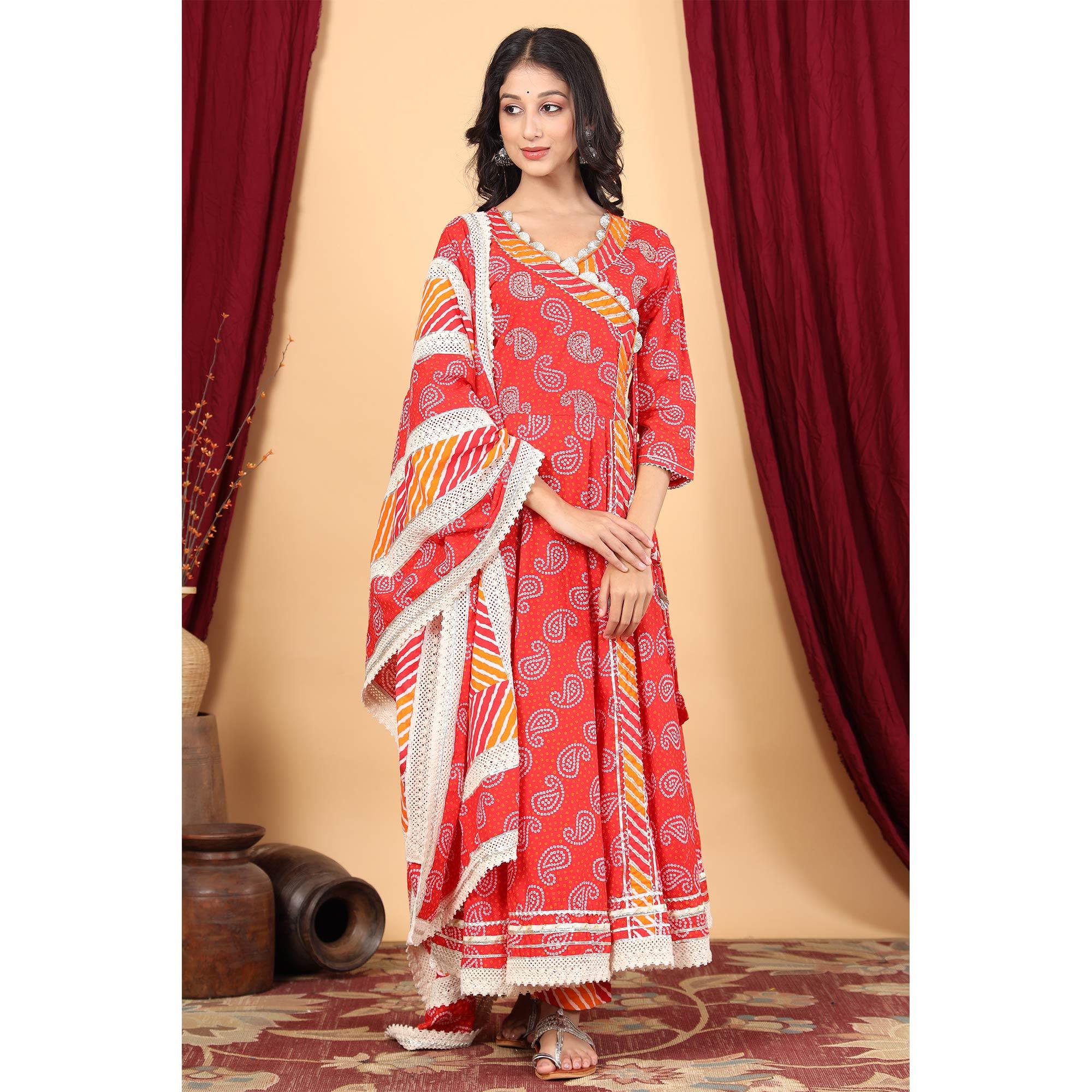 Red Casual Wear Printed Cotton Angarkha Style Anarkali Suit - Peachmode