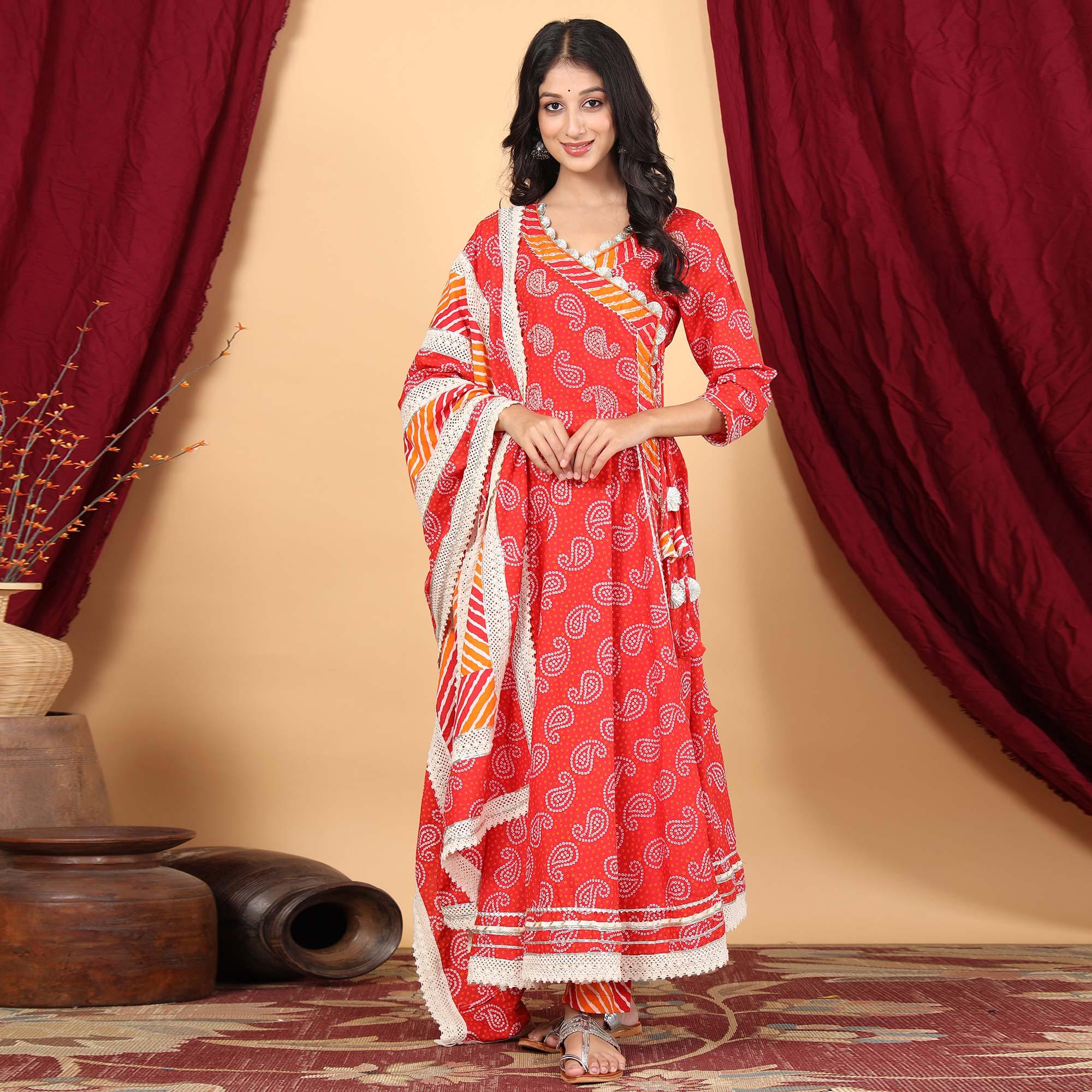 Red Casual Wear Printed Cotton Angarkha Style Anarkali Suit - Peachmode