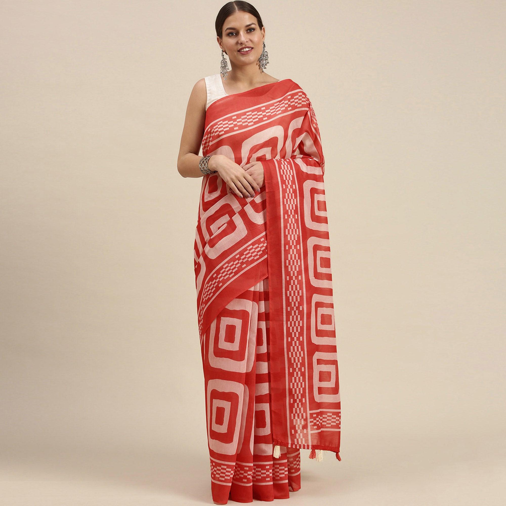 Red Casual Wear Printed Cotton Blend Saree With Tassels - Peachmode