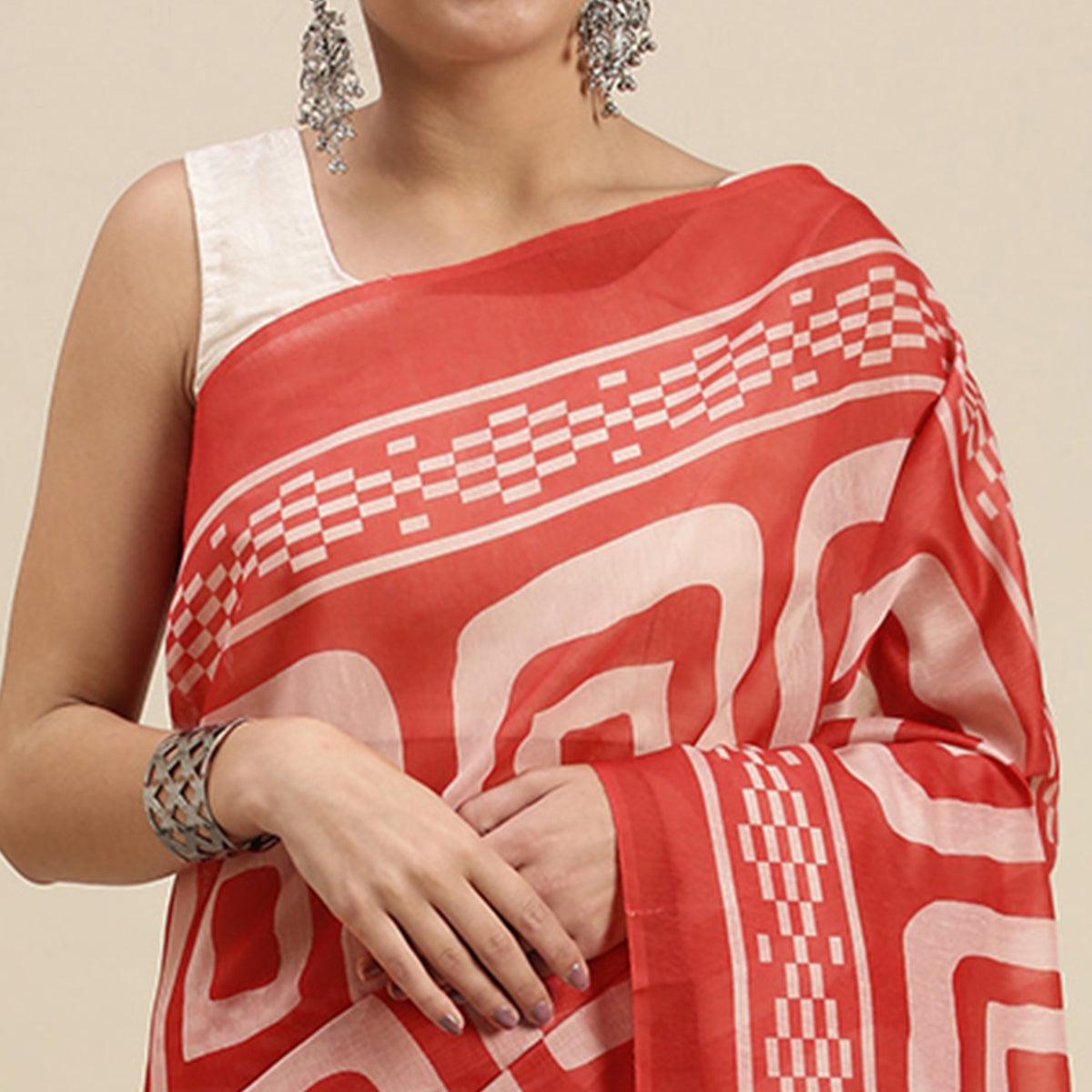Red Casual Wear Printed Cotton Blend Saree With Tassels - Peachmode