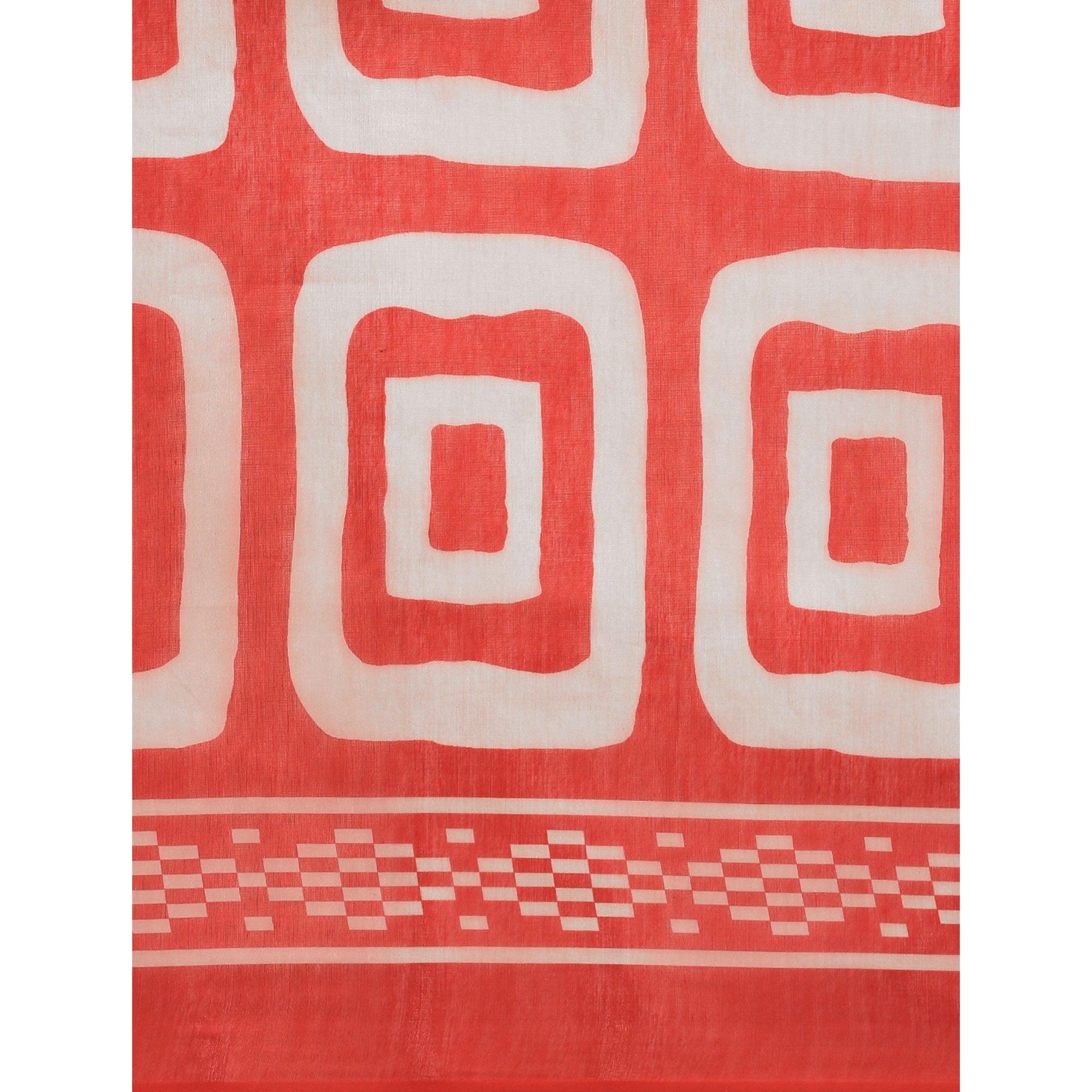 Red Casual Wear Printed Cotton Blend Saree With Tassels - Peachmode