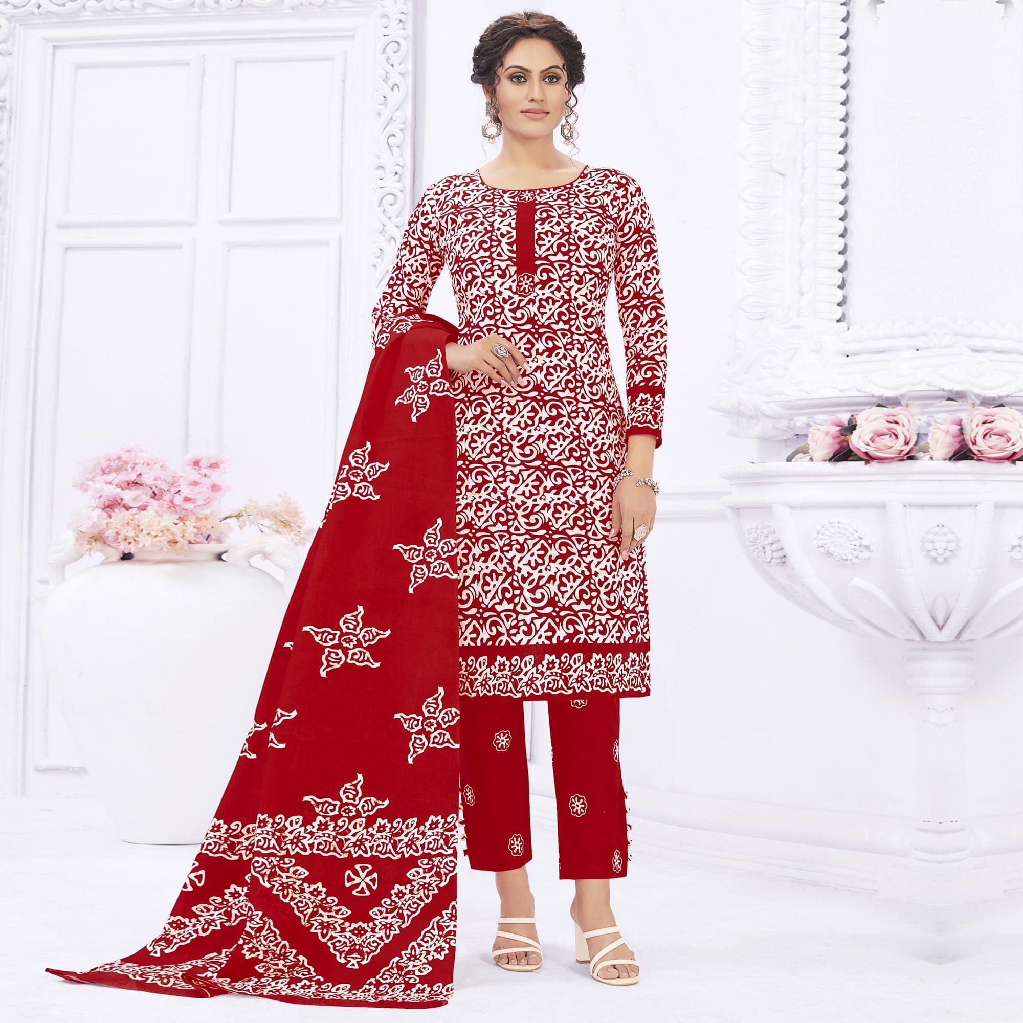 Red Casual Wear Printed Cotton Dress Material - Peachmode